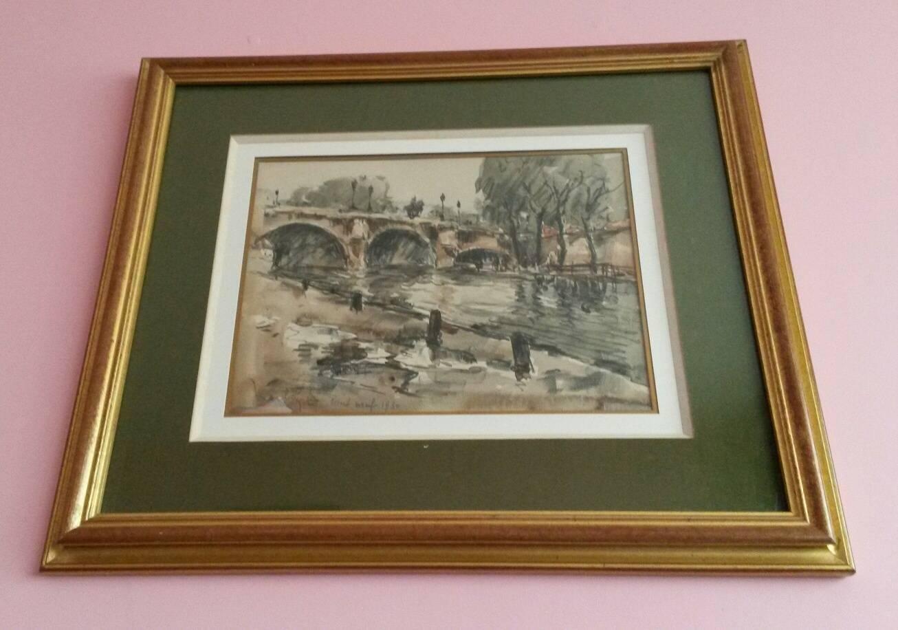 Fernand Herbo Landscape Painting - Post Impressionist Pont  Neuf watercolor landscape 