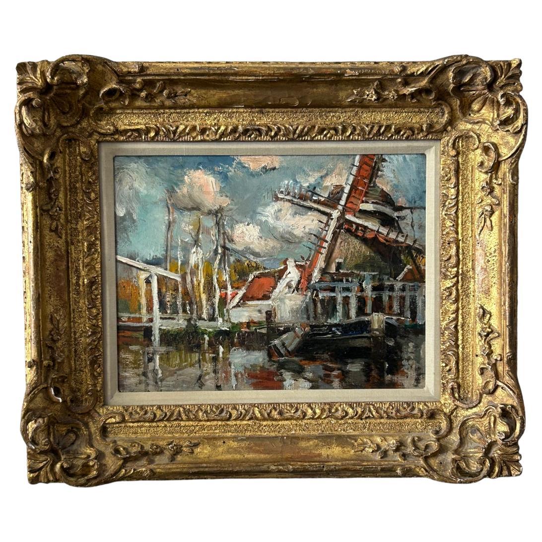 Fernand Jean Luigini  “Canal a Bixnude” French Impressionist Oil Paining Framed For Sale