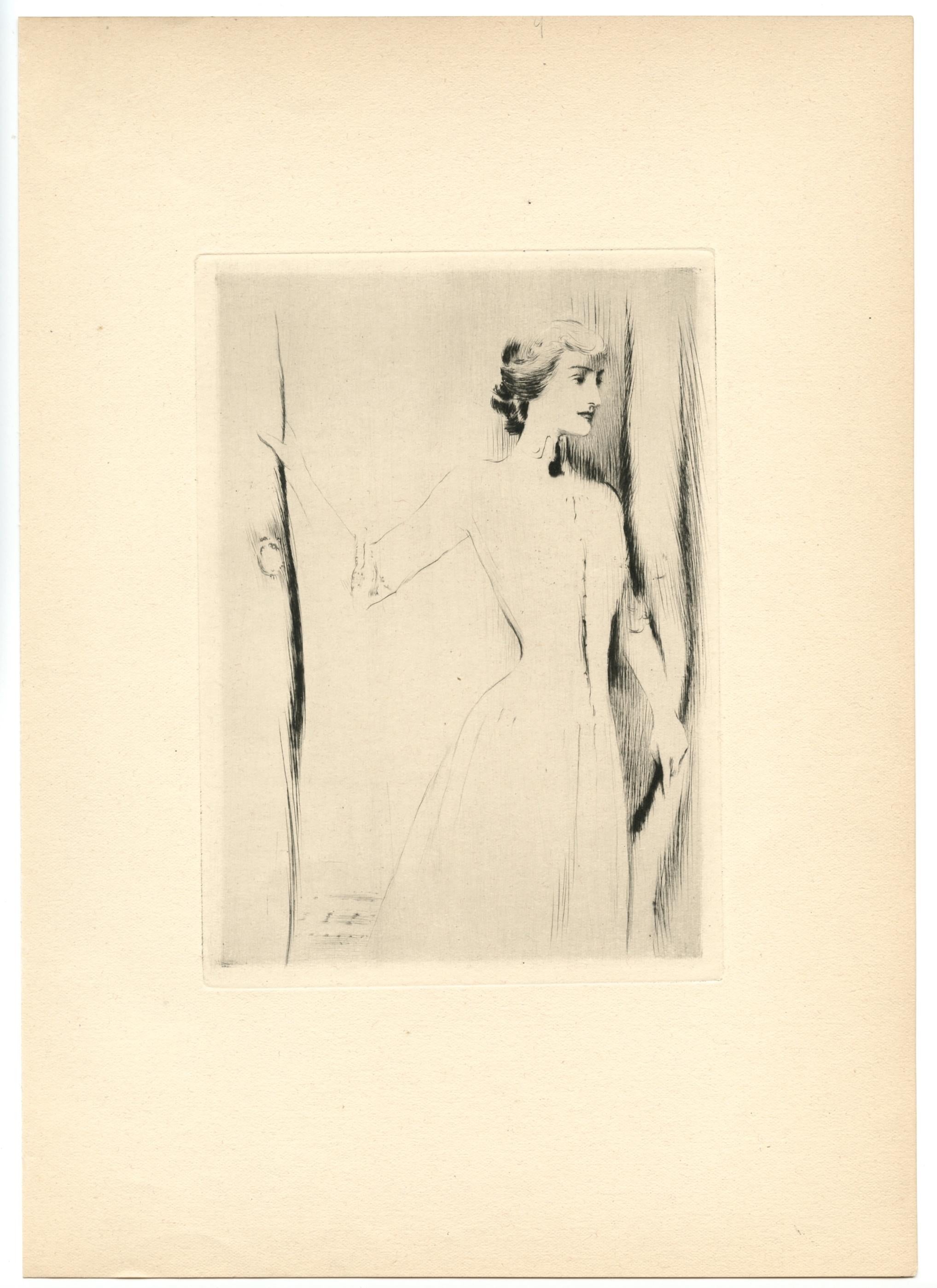 Fernand Khnopff Portrait Print – "Un rideau" Original Kaltnadelradierung