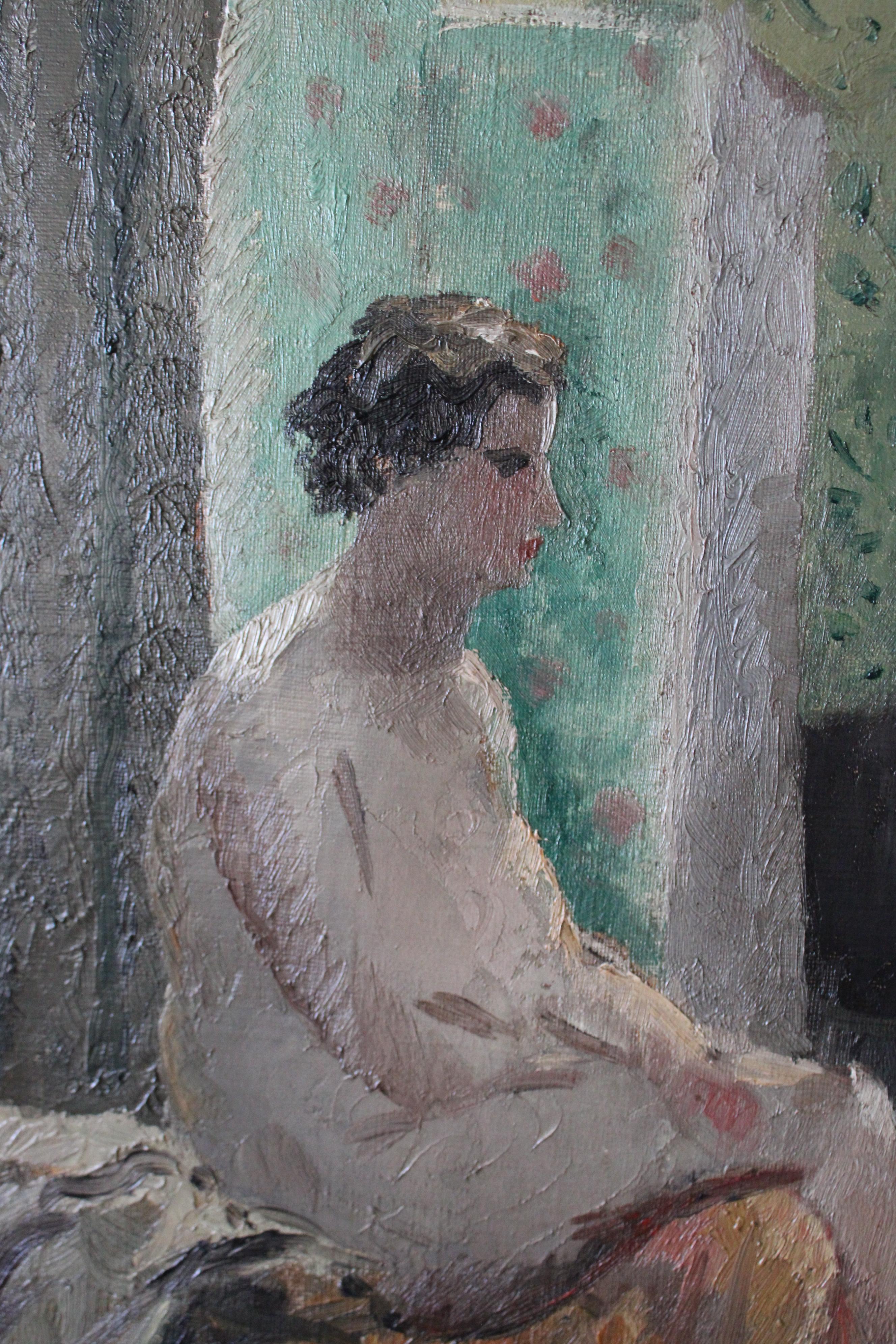 Ancienne peinture à l'huile française post-impressionniste représentant une femme nue - Gris Figurative Painting par Fernand Labat