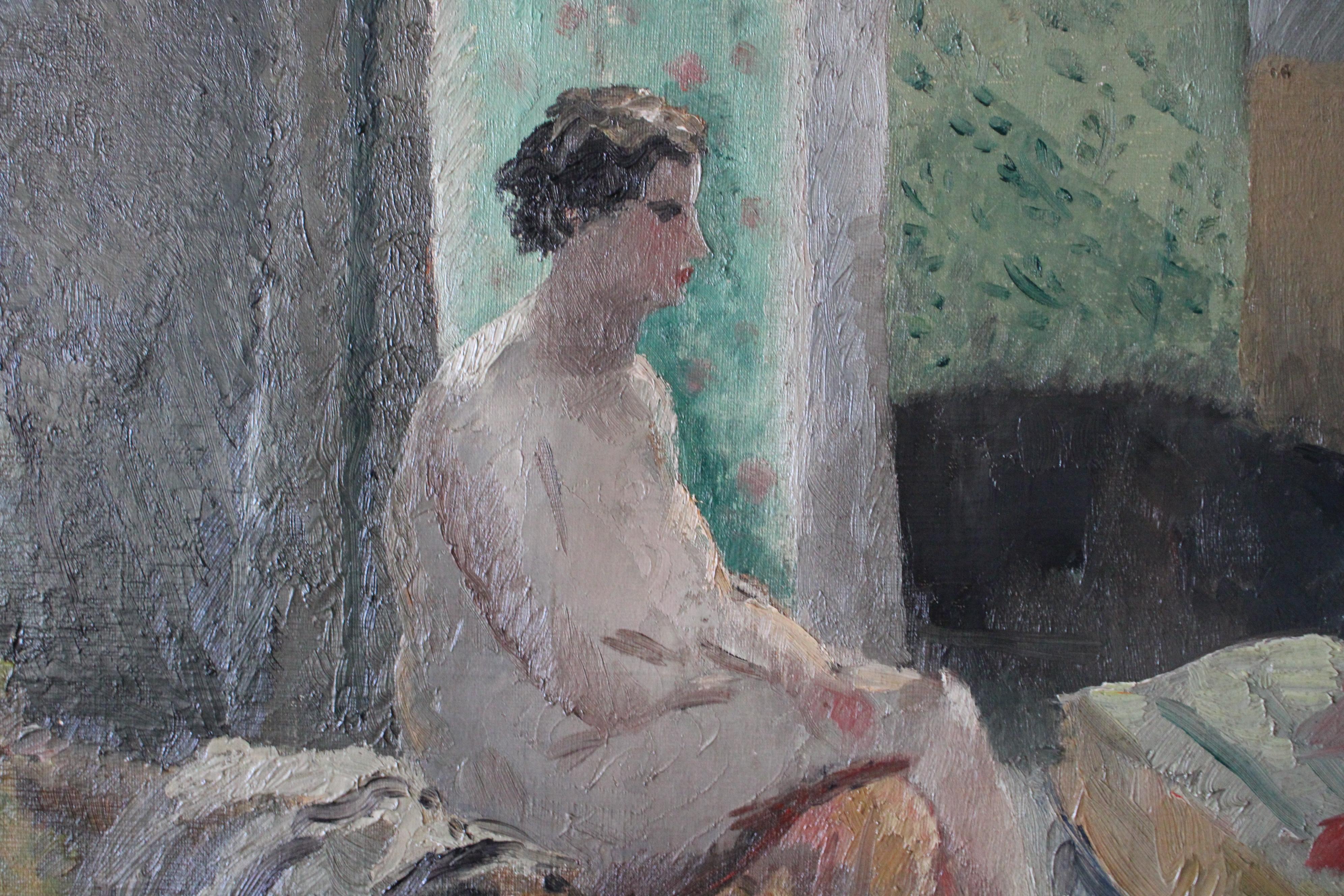 Femme nue ancienne, peinture à l'huile de nu, nu féminin post impressionniste signé et daté peinture à l'huile par l'artiste français Fernand Labat, Nu dans la chambre.  Portrait à l'huile d'une femme nue assise dans une chambre à coucher.  Cette