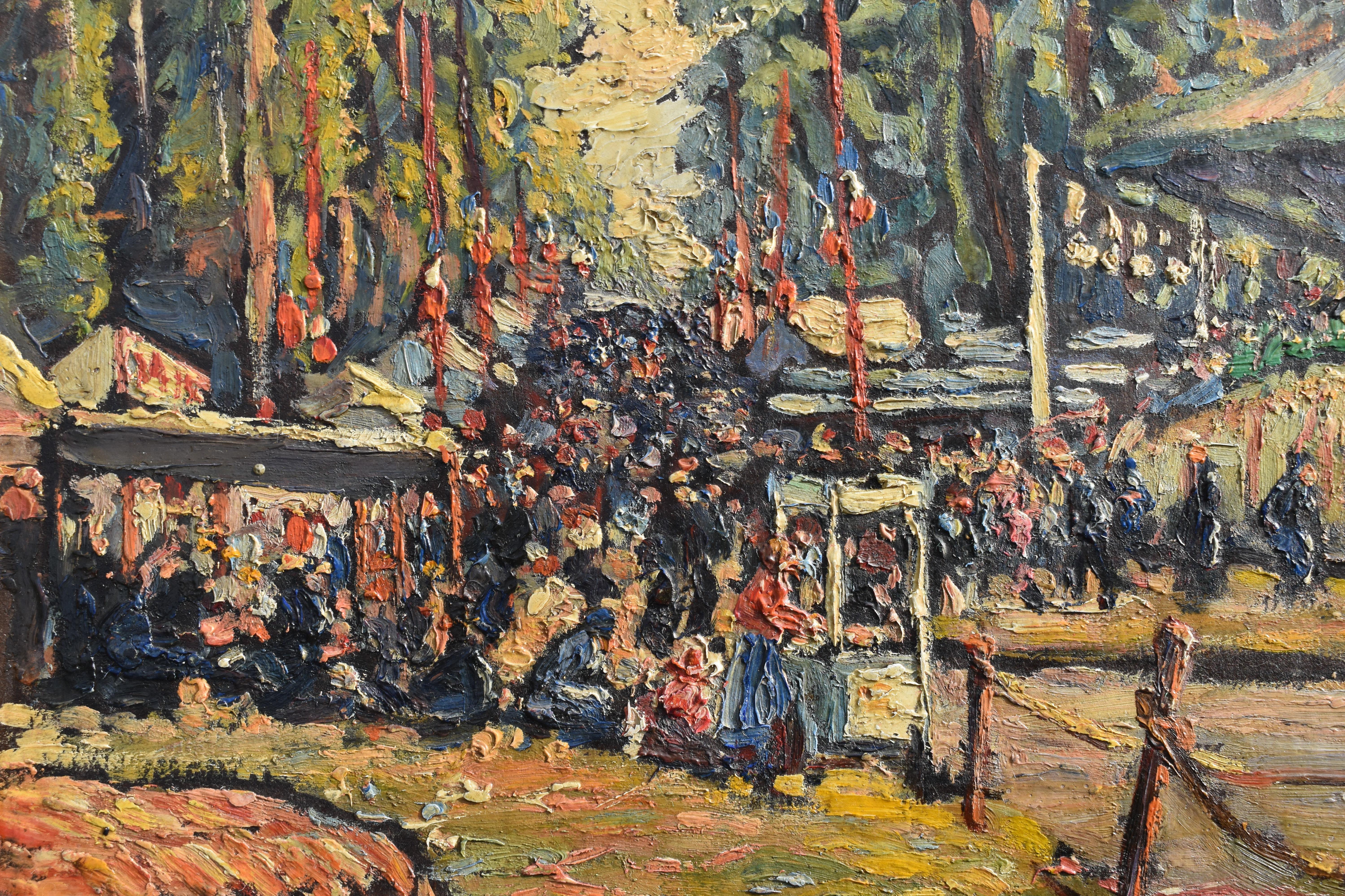 Fernand Laval (1886-1966) Paris School Art Deco Period
La fete des Loges 1929

A delightful post impressionist painting of a fairground scene in Loges, northern France.  Painted using a heavy impasto, signed and inscribed verso.
Laval moved to Paris