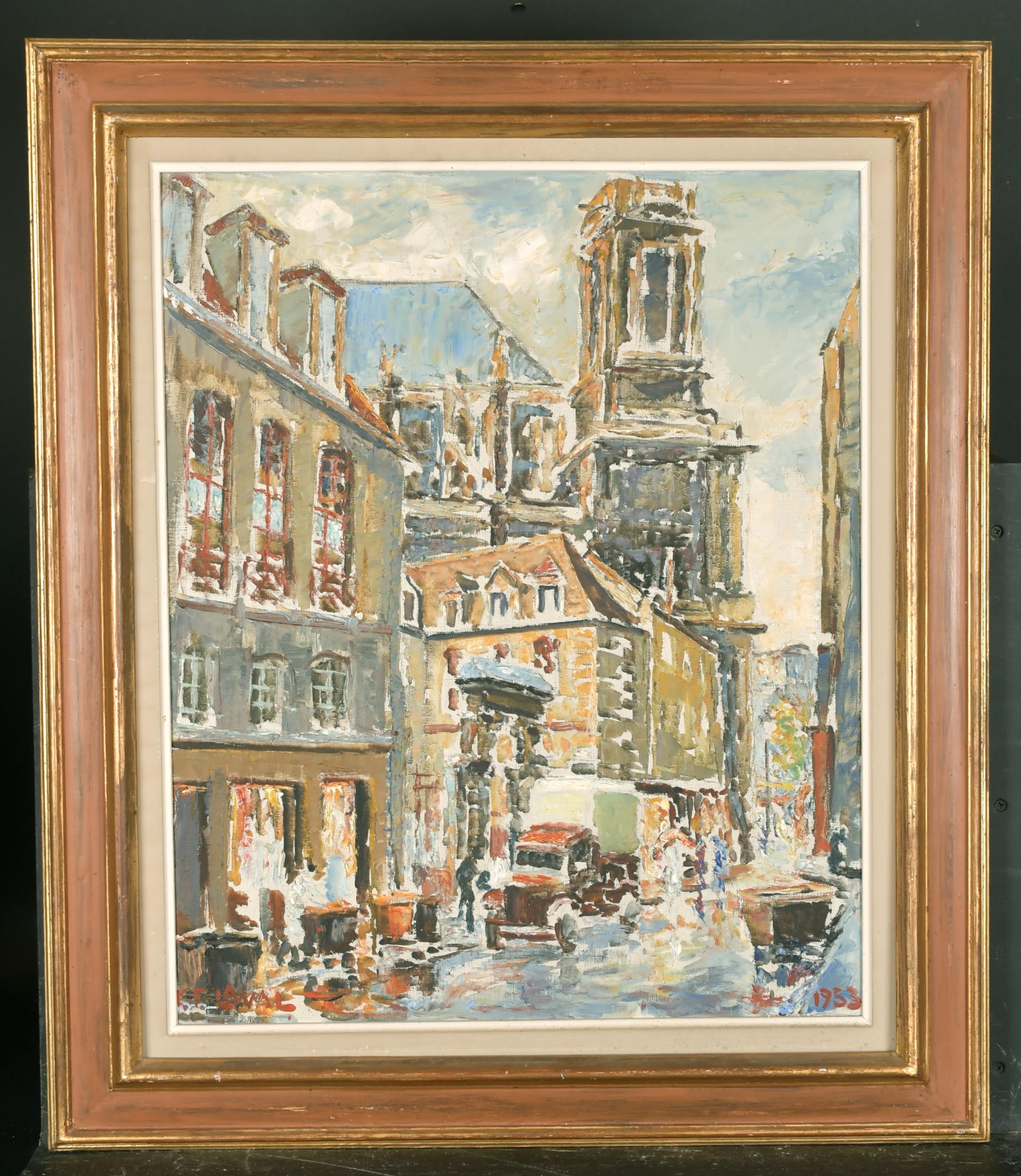 Large 1950's French Impressionist Signed Oil - Busy Street Scene in France - Painting by Fernand LAVAL