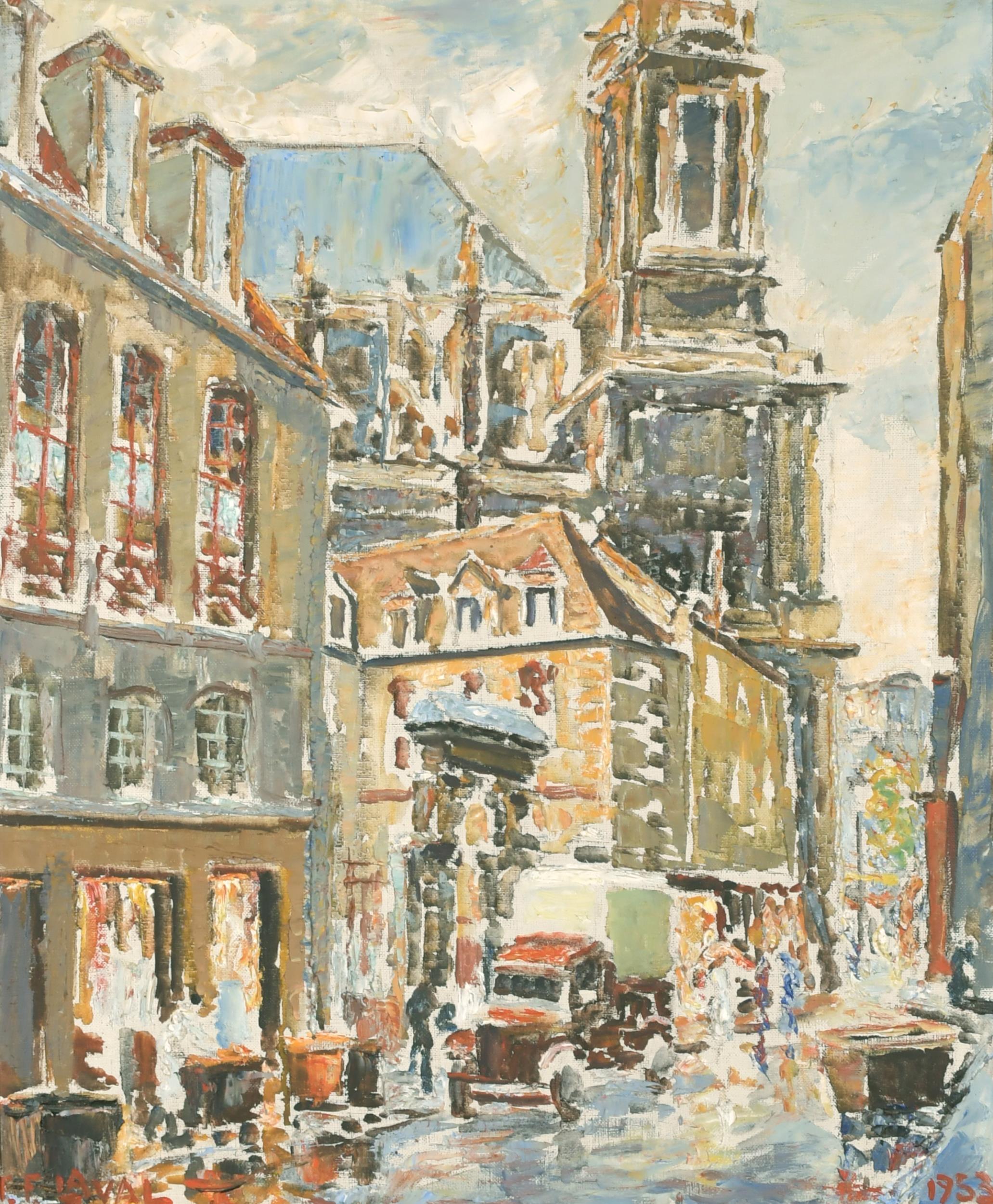 Fernand LAVAL Figurative Painting - Large 1950's French Impressionist Signed Oil - Busy Street Scene in France