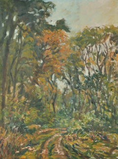 Large Antique French Impressionist Oil Painting - Woodland Pathway Dappled Light