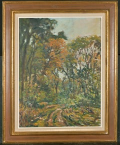 Large Antique French Impressionist Oil Painting - Woodland Pathway Dappled Light