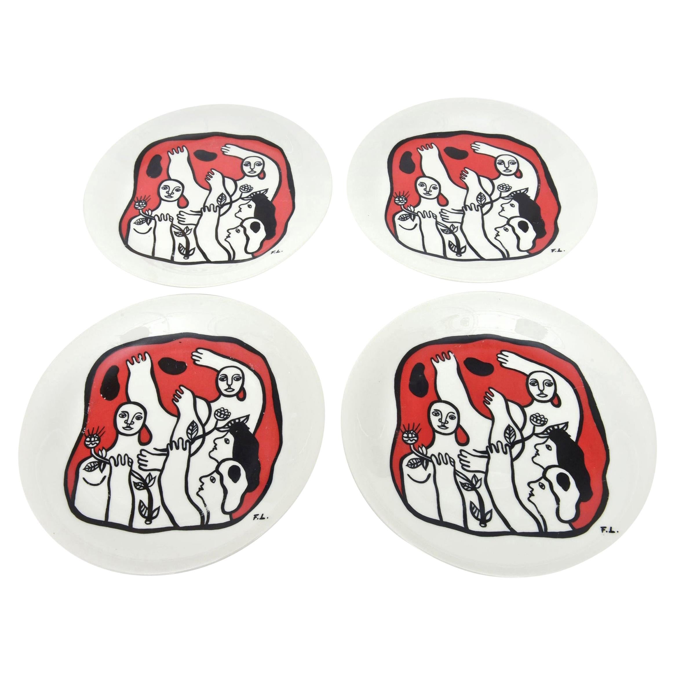 Fernand Léger After Black Red White French Limoges Porcelain Plates Set/ 4 For Sale