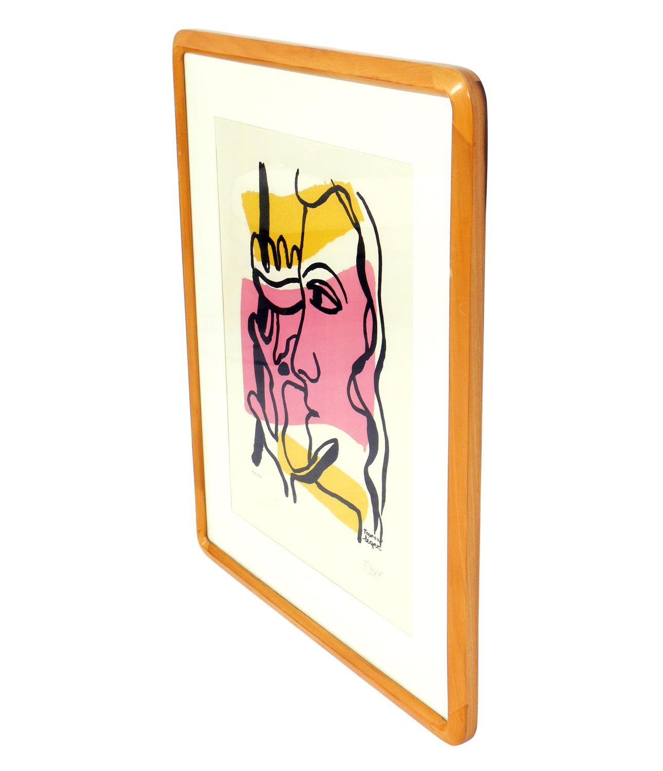 Abstraktes Farbpochoir nach Fernand Léger, signiert und nummeriert 120 aus der limitierten Auflage von 500, herausgegeben vom Musee Fernand Leger, Biot, Frankreich. Die unten angegebene Größe ist die gerahmte Größe.