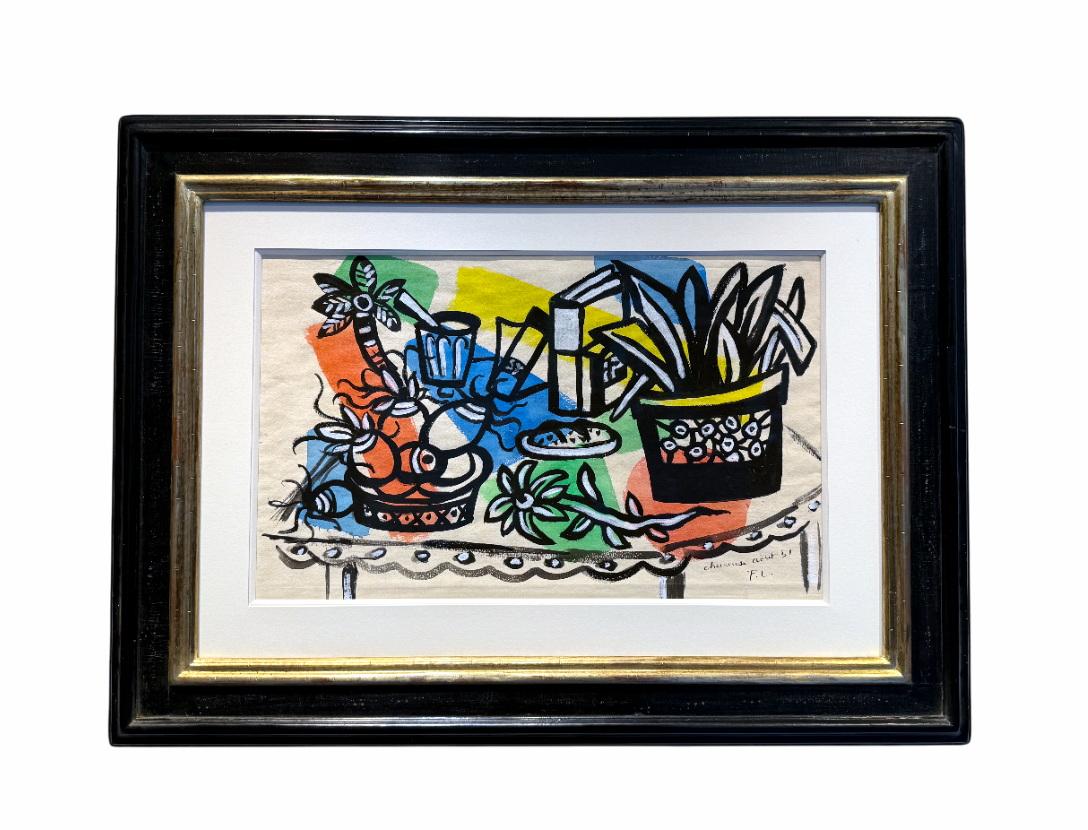 Fernand Léger, Nature morte aux pots, 1951 - Gouache originale su carta

Questa vibrante gouache su carta di Fernand Léger (1881-1955) cattura il caratteristico vocabolario modernista dell'artista, mescolando audaci colori primari, contorni grafici