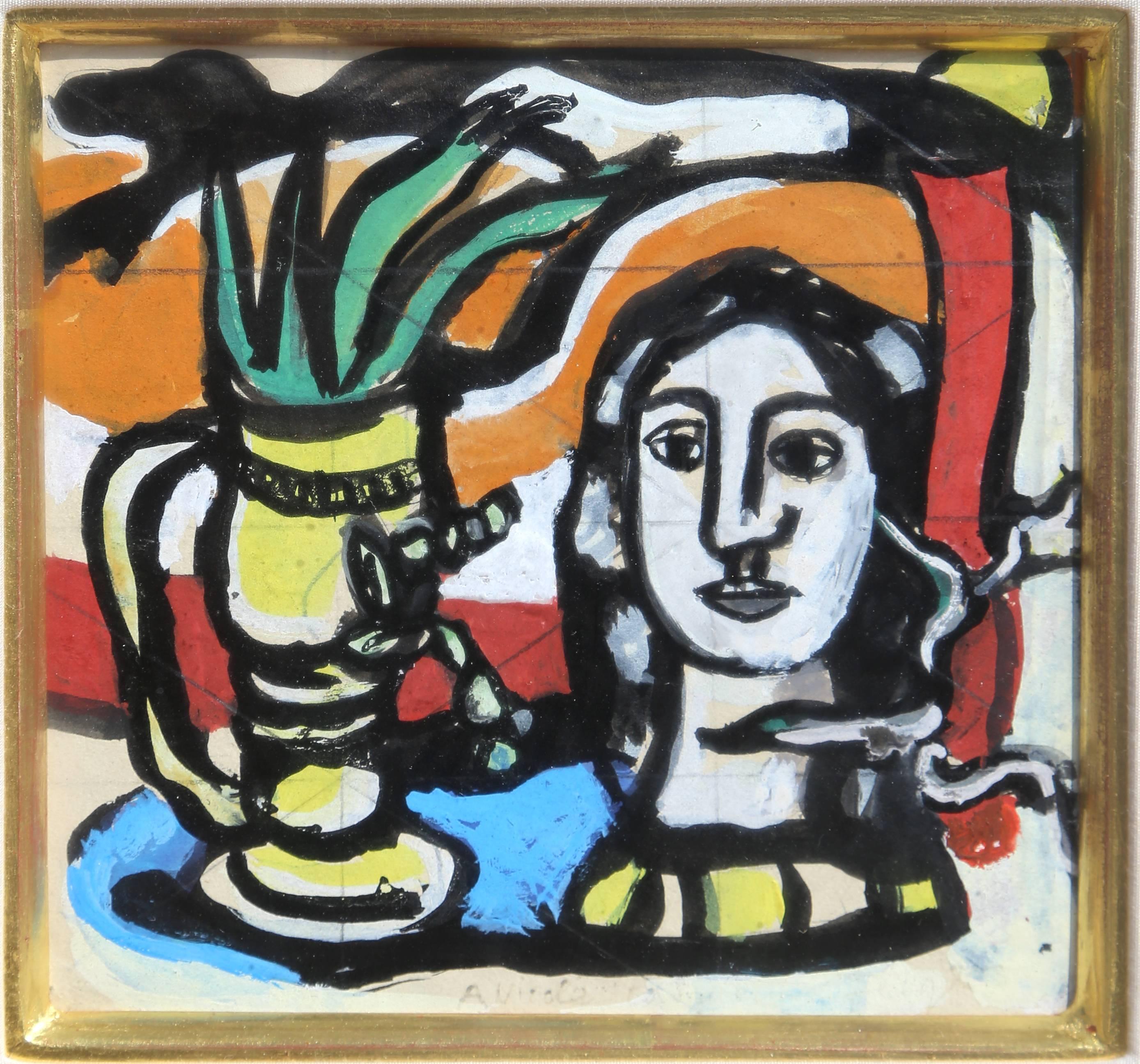 Artiste : Fernand Leger, français (1881 - 1955)
Titre : Statuette au Vase Jaune
Année : vers 1949
Médium : Gouache sur papier, dédicacé (une Nicole) à droite.
Taille : 5 x 5 in. (12,7 x 12,7 cm)
Taille du cadre : 17 x 17 pouces

Accompagné d'un