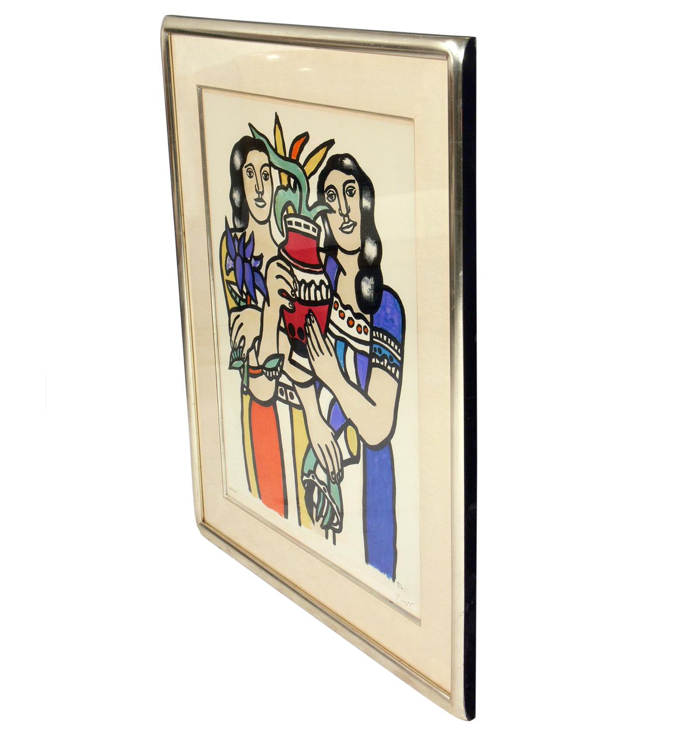 Abstract color pochoir after Fernand Léger, signed and numbered 435 from the limited edition of 500 published by the Musee Fernand Leger, Biot, France. Retains original silver gilt wood frame. The size noted below is the framed size.