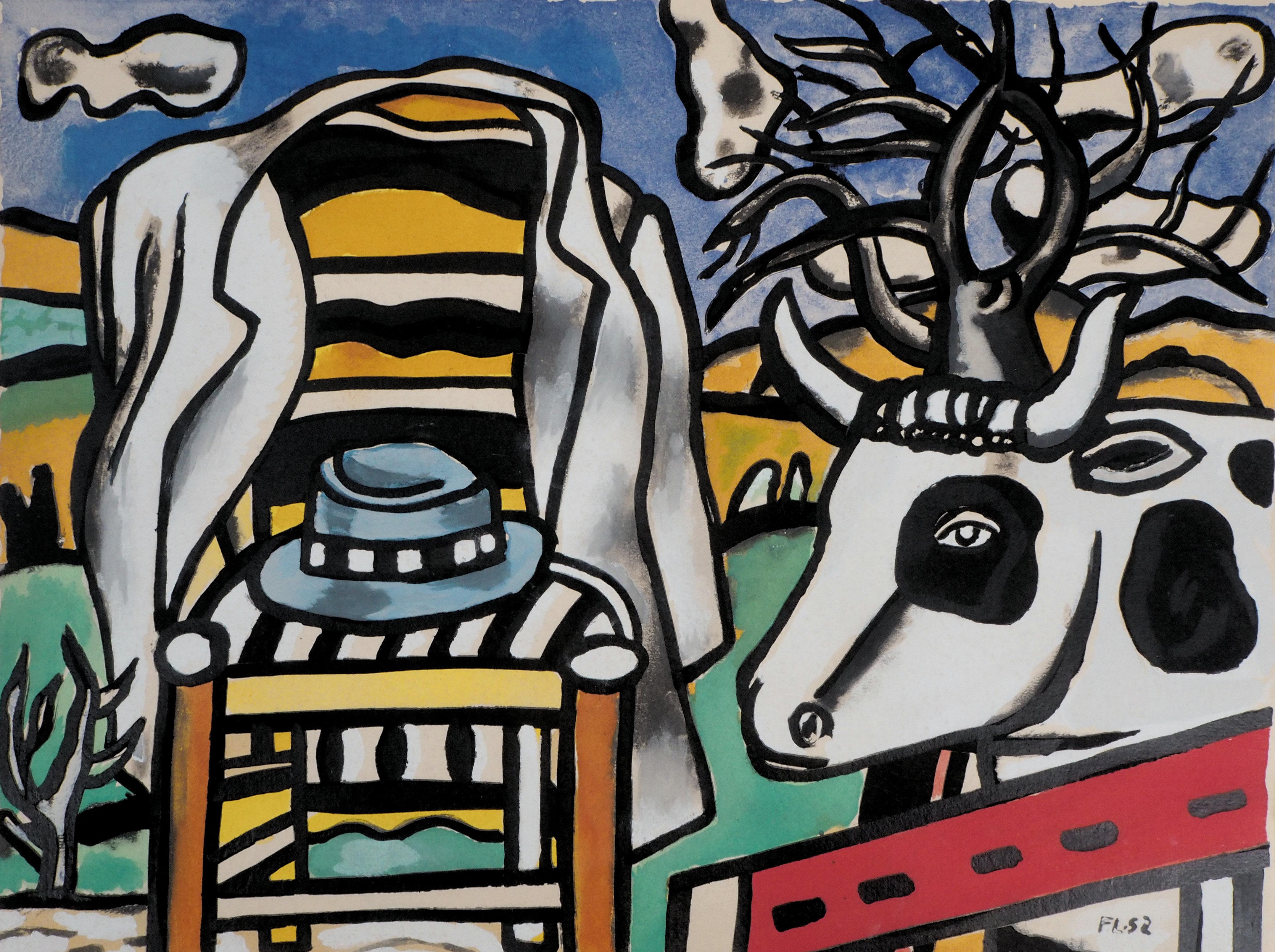  Chaise, chapeau et vache - Lithographie et pochoir, 1959 - Moderne Print par Fernand Léger