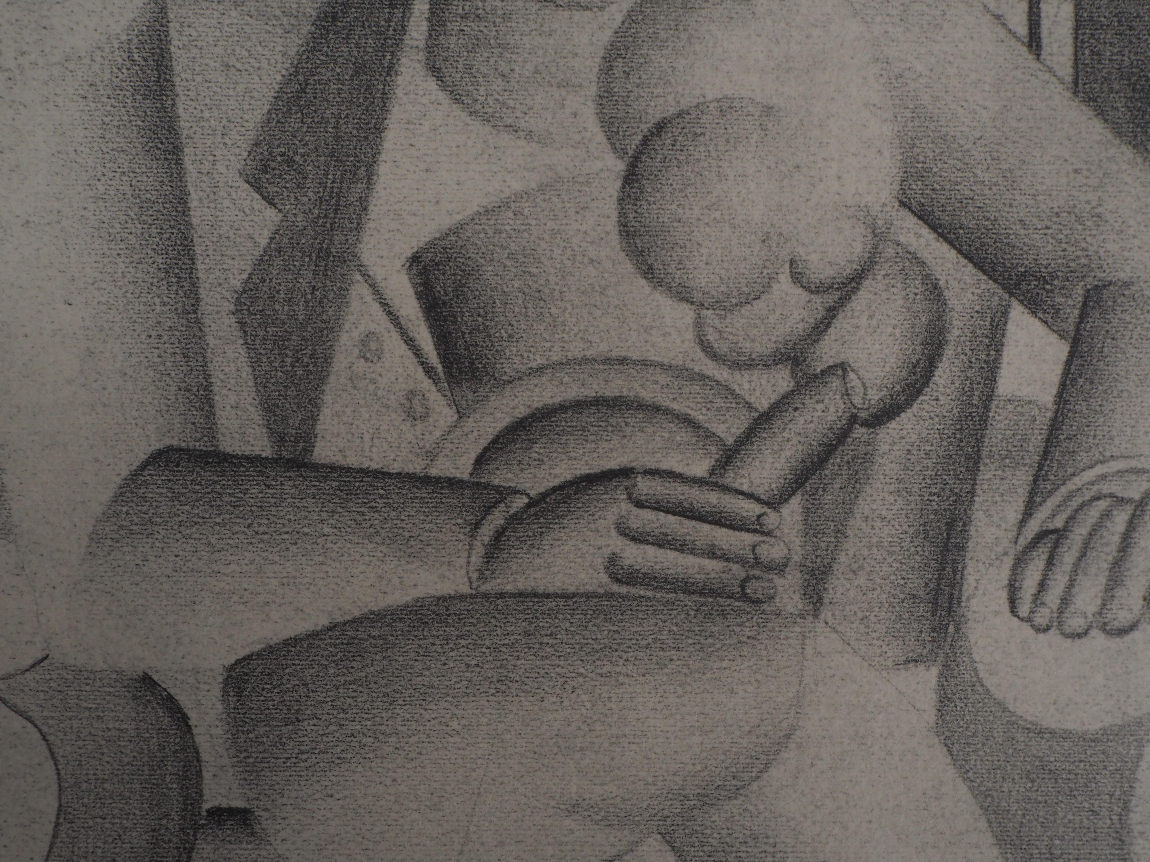 Uomo cubista che fuma con un sigaro - Litografia e stencil, 1959 - Print di Fernand Léger