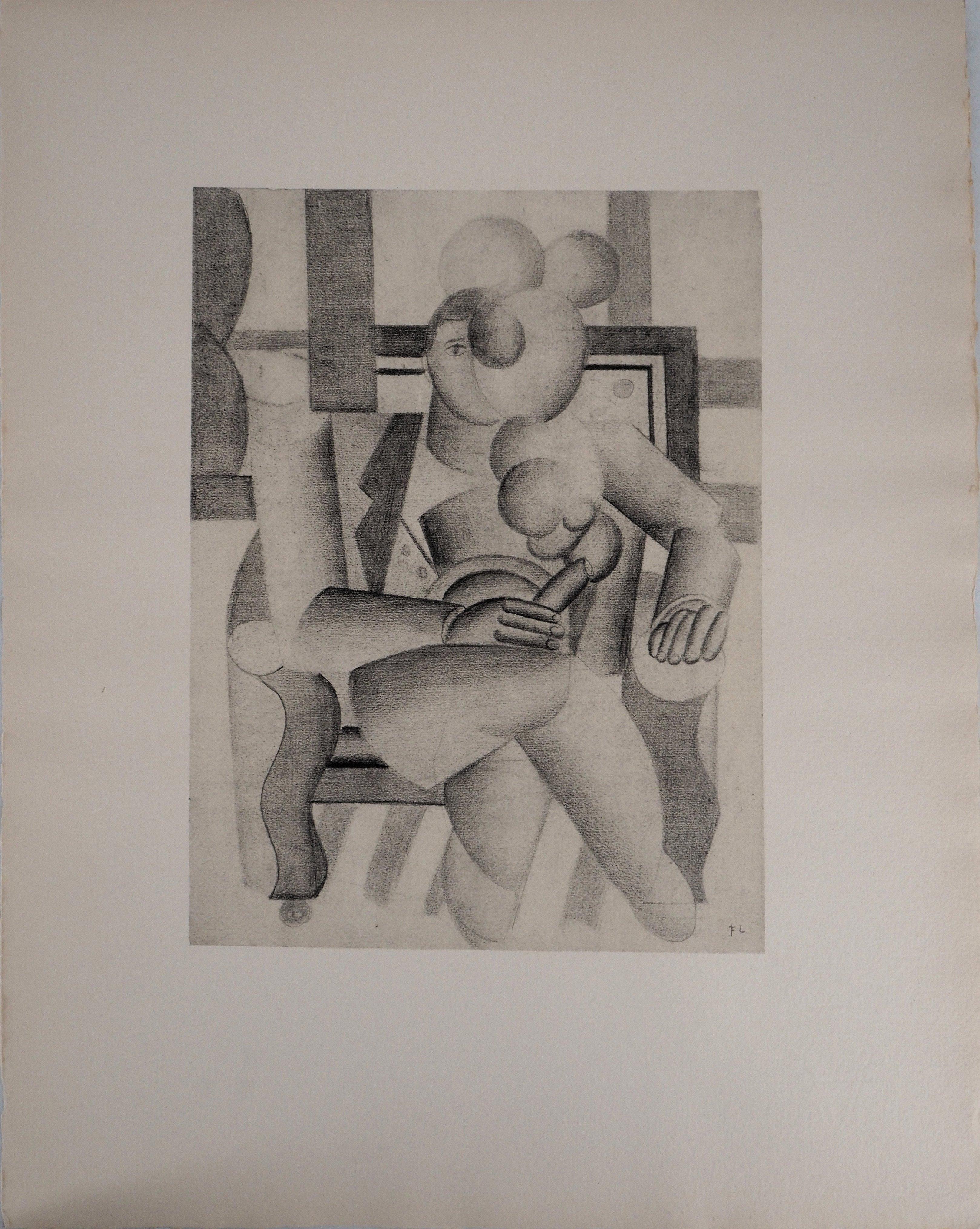 Uomo cubista che fuma con un sigaro - Litografia e stencil, 1959 - Figurative Print Grigio di Fernand Léger