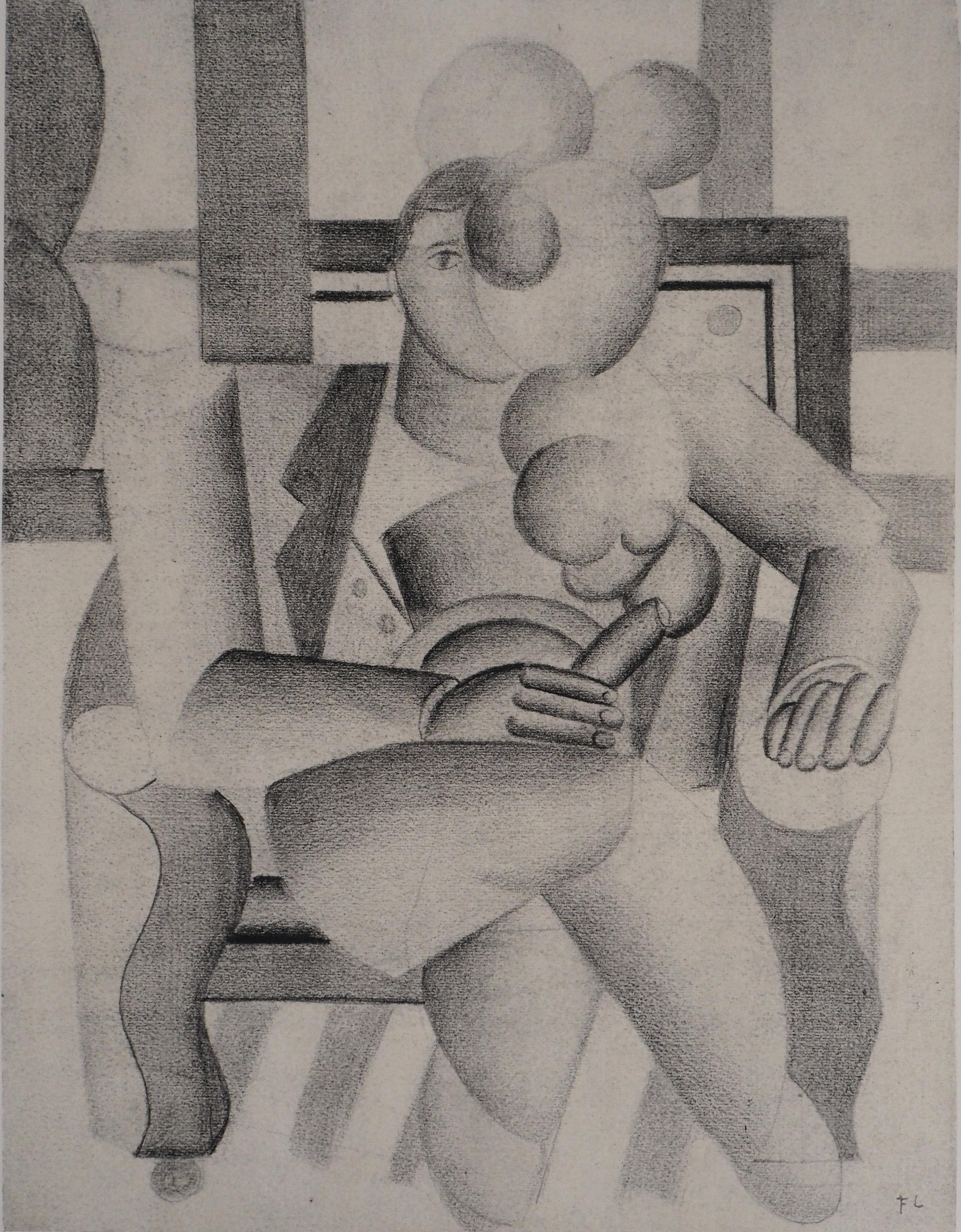 Figurative Print di Fernand Léger - Uomo cubista che fuma con un sigaro - Litografia e stencil, 1959