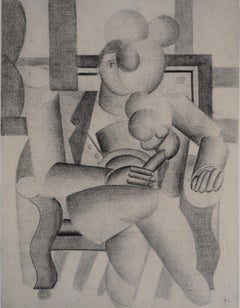 Cubist Smoking Man with a Cigar - Lithograph and Stencil, 1959