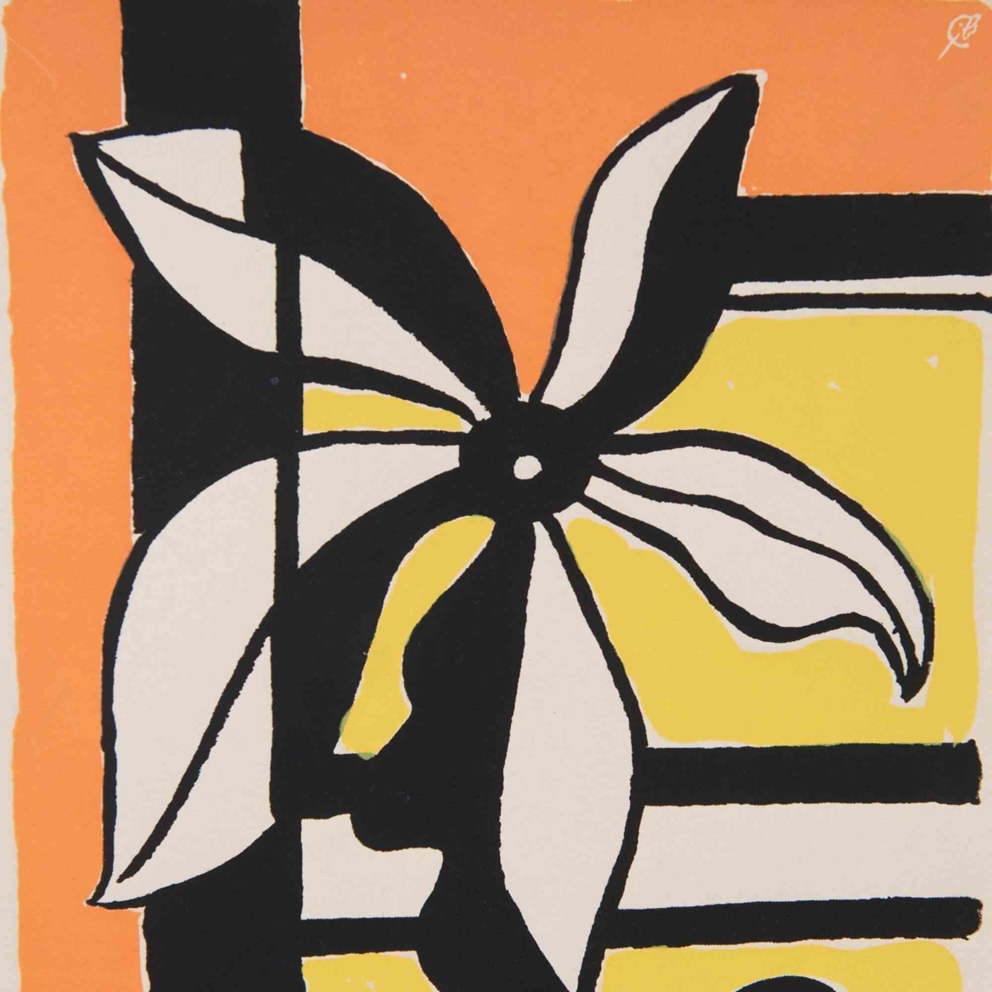 Fleur sur un Fond Jaune et Orange  Siebdruck nach F. Leger  1950er Jahre – Print von Fernand Léger