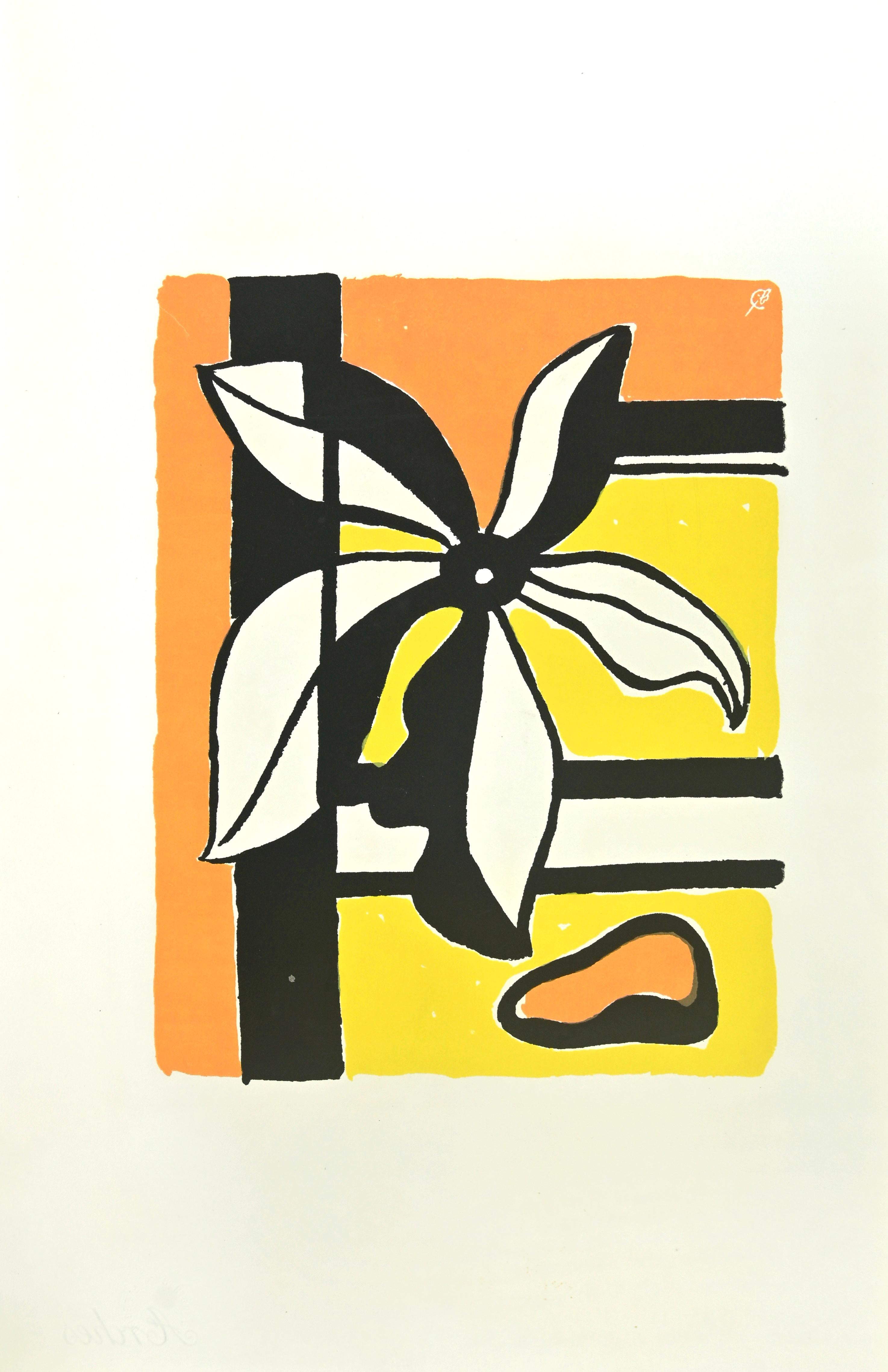Fleur sur un Fond Jaune et Orange  Siebdruck nach F. Leger  1950er Jahre