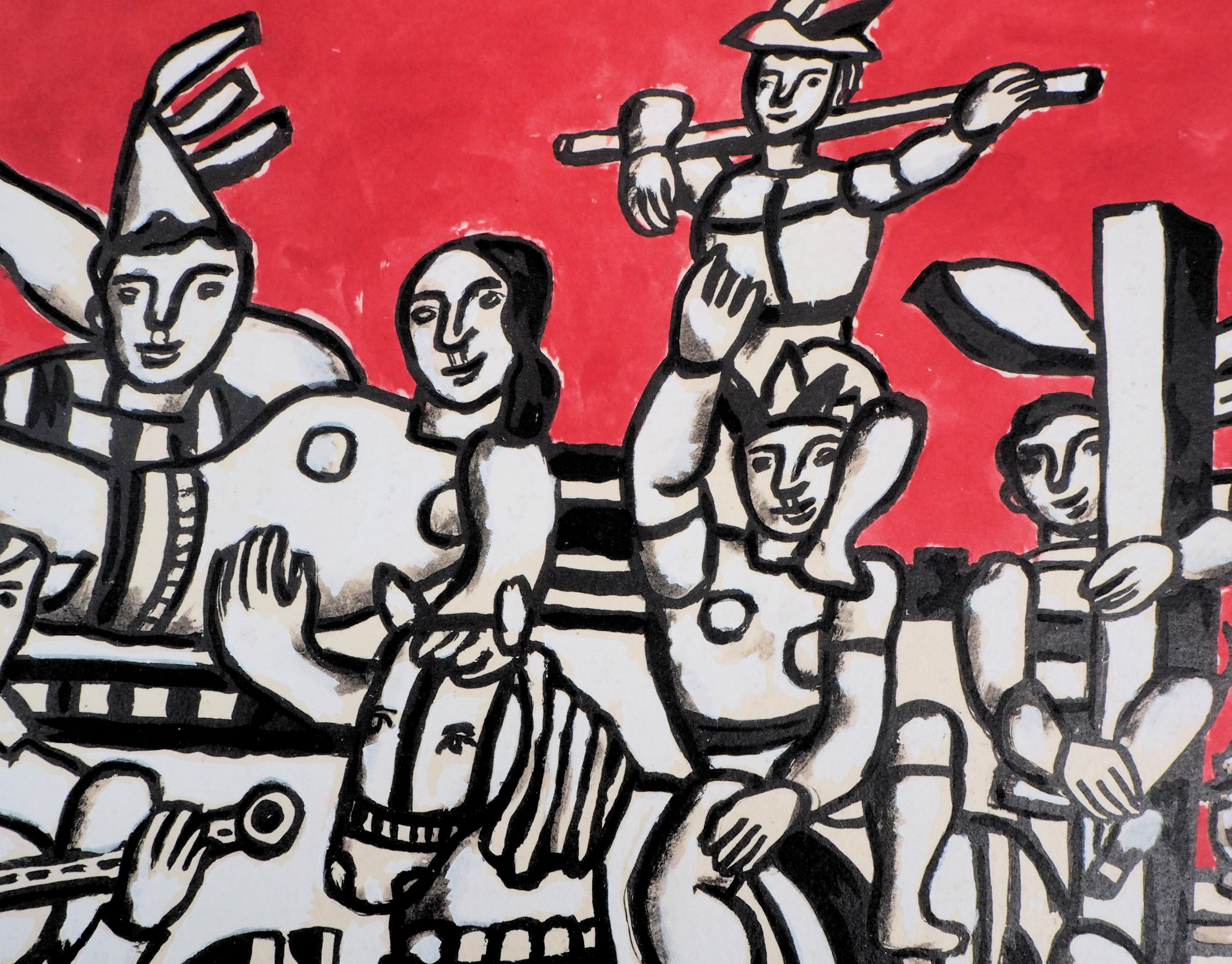 Gente felice: la parata - Litografia e stencil, 1959 - Figurative Print Rosa di Fernand Léger