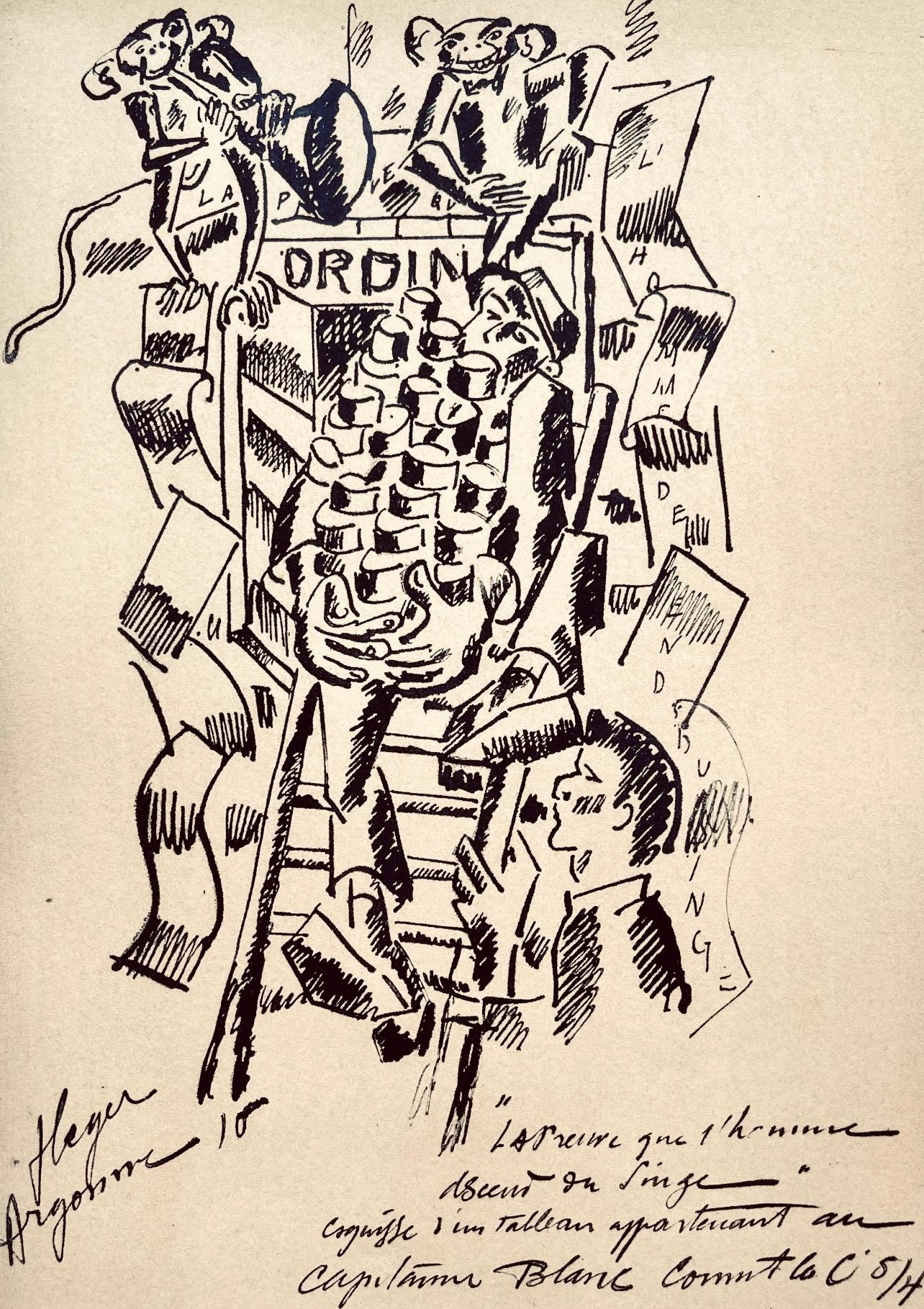Fernand Léger Figurative Print - Léger, La Preuve que l'Homme Descend du Singe, Dessins de Guerre 1915-16 (after)