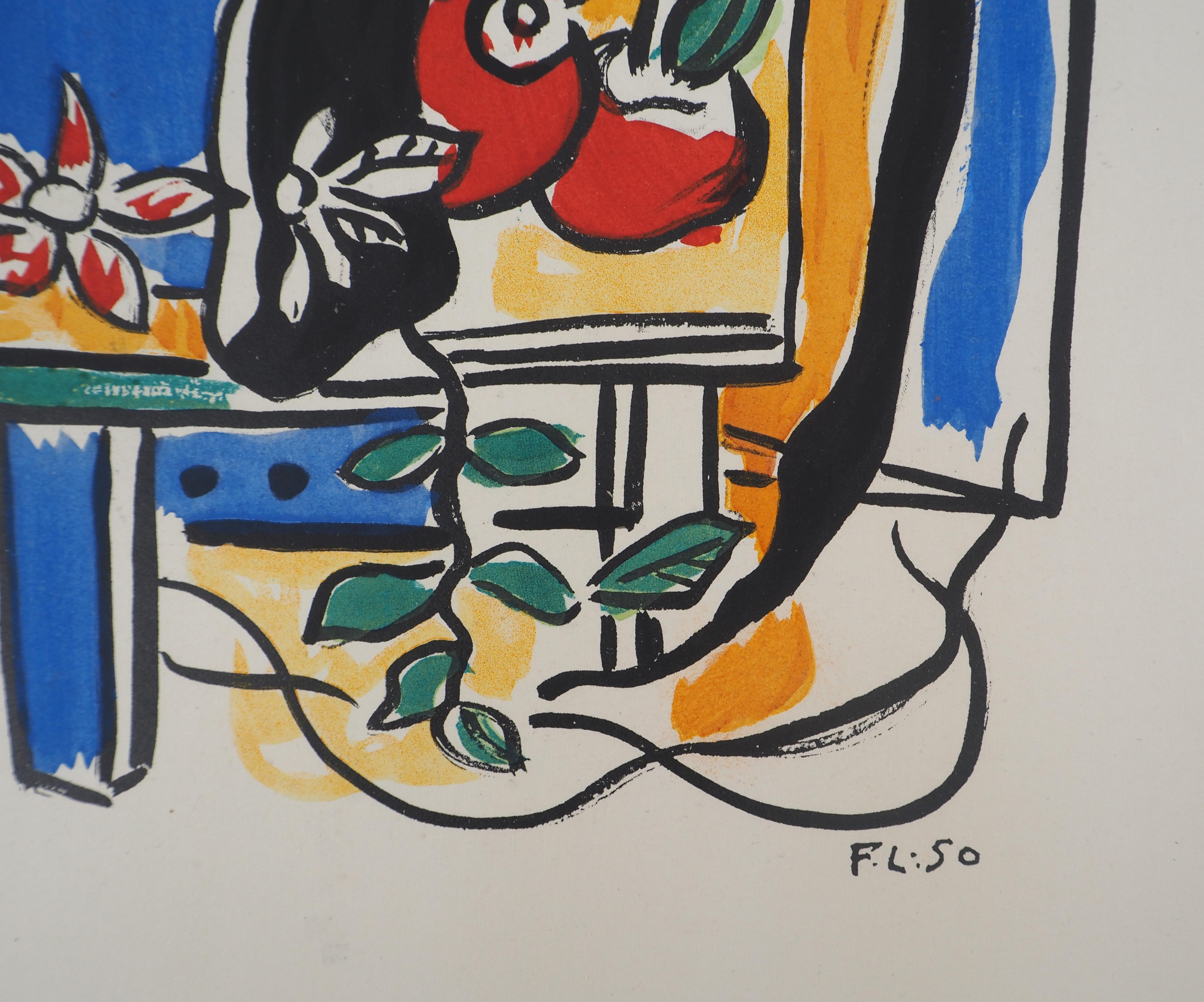 Still life with Blue Pitcher and Fruits - Lithograph and Stencil, 1950 - Print by Fernand Léger