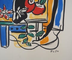 Natura morta con brocca blu e frutta - Litografia e stencil, 1950