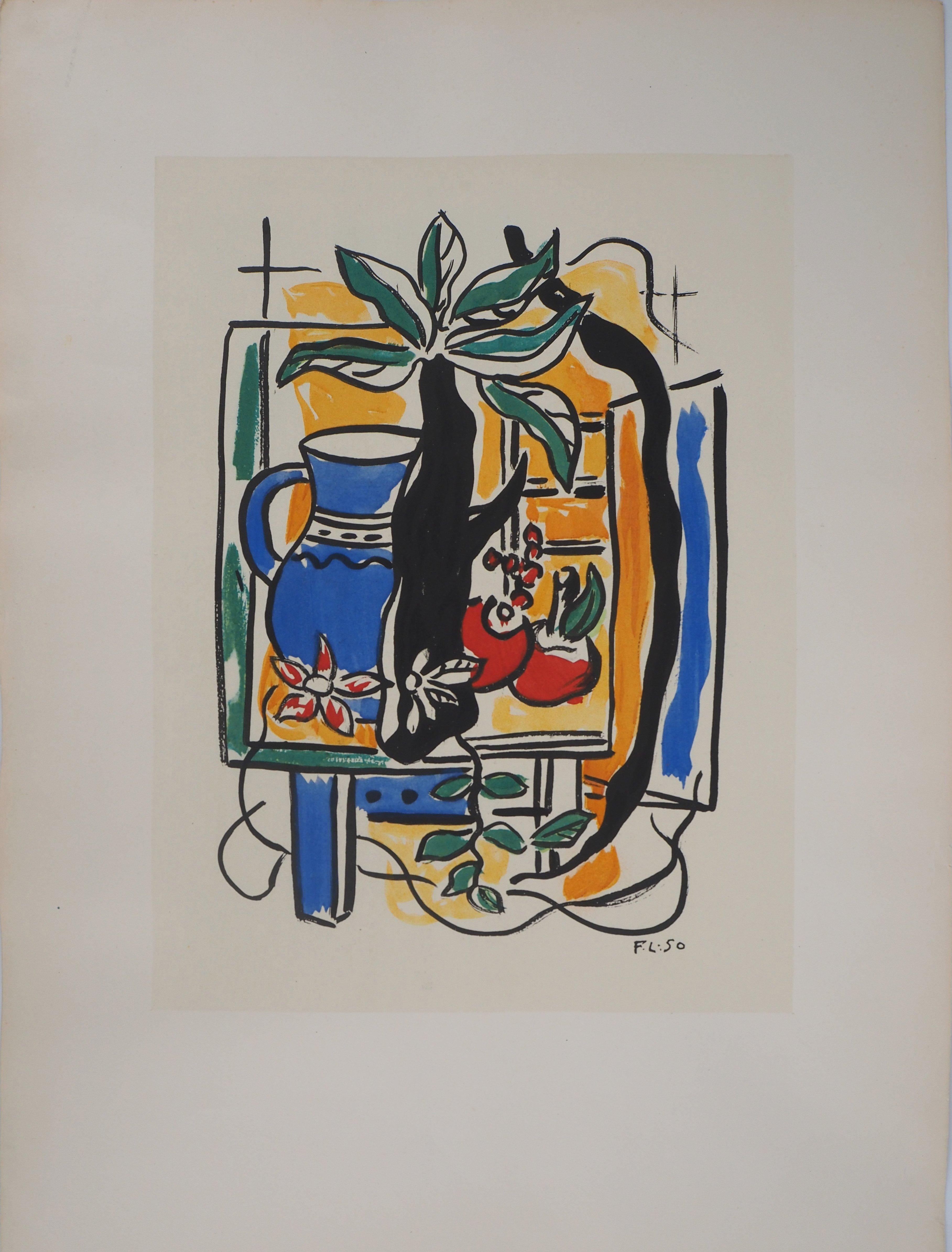 Still life with Blue Pitcher and Fruits - Lithograph and Stencil, 1950 - Modern Print by Fernand Léger