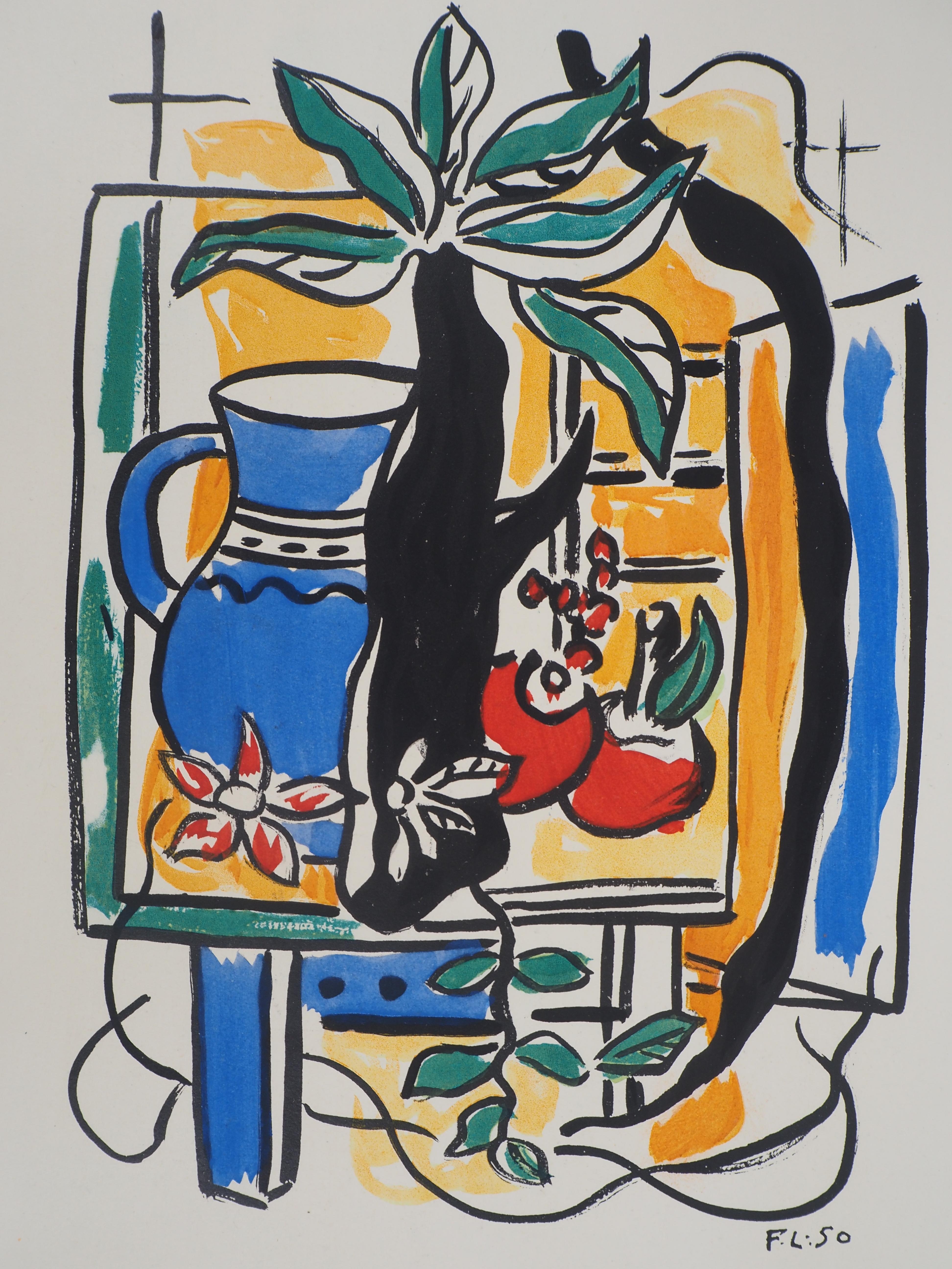 Still life with Blue Pitcher and Fruits - Lithograph and Stencil, 1950 - Beige Figurative Print by Fernand Léger