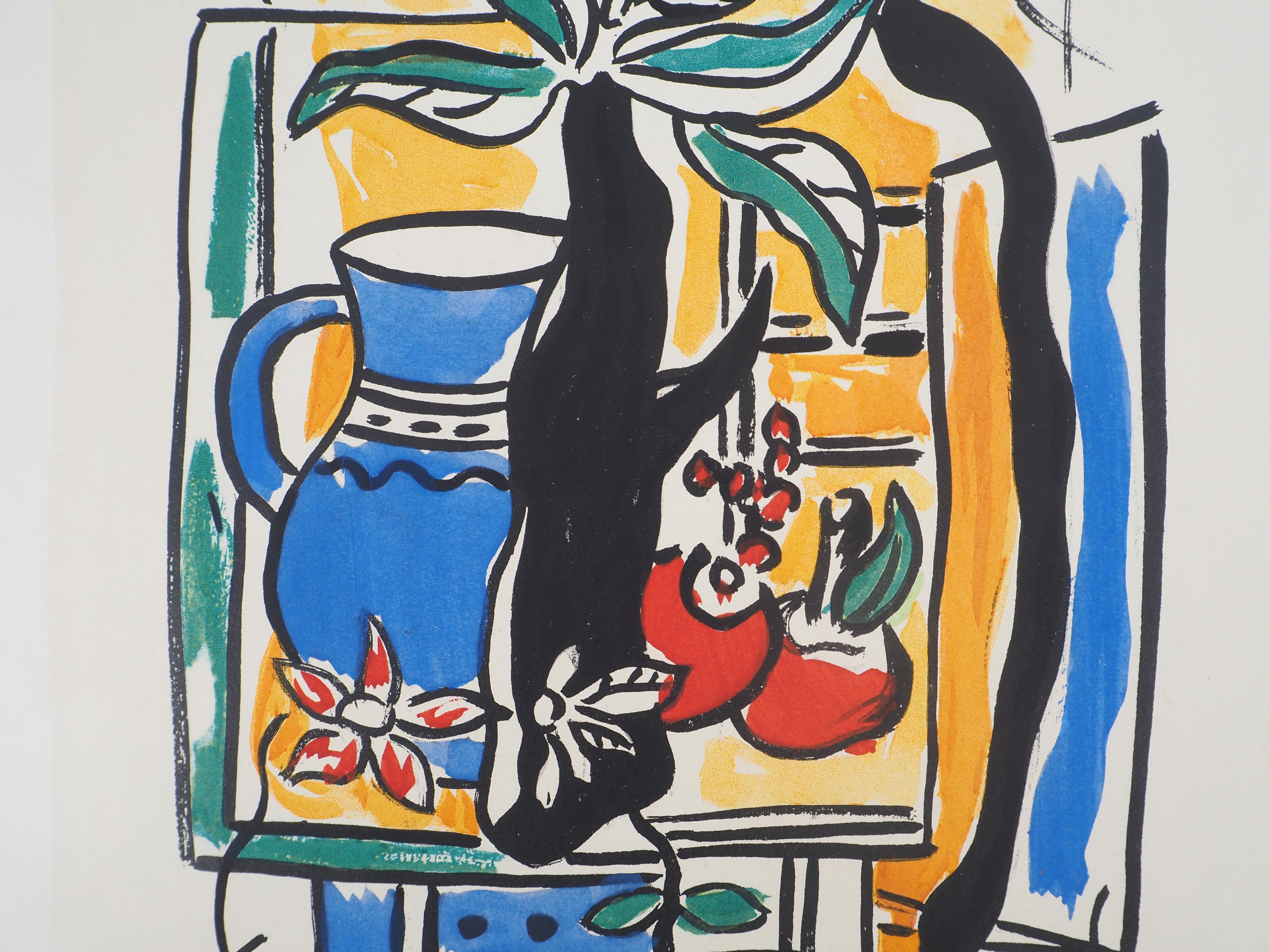 Still life with Blue Pitcher and Fruits - Lithograph and Stencil, 1950 For Sale 1