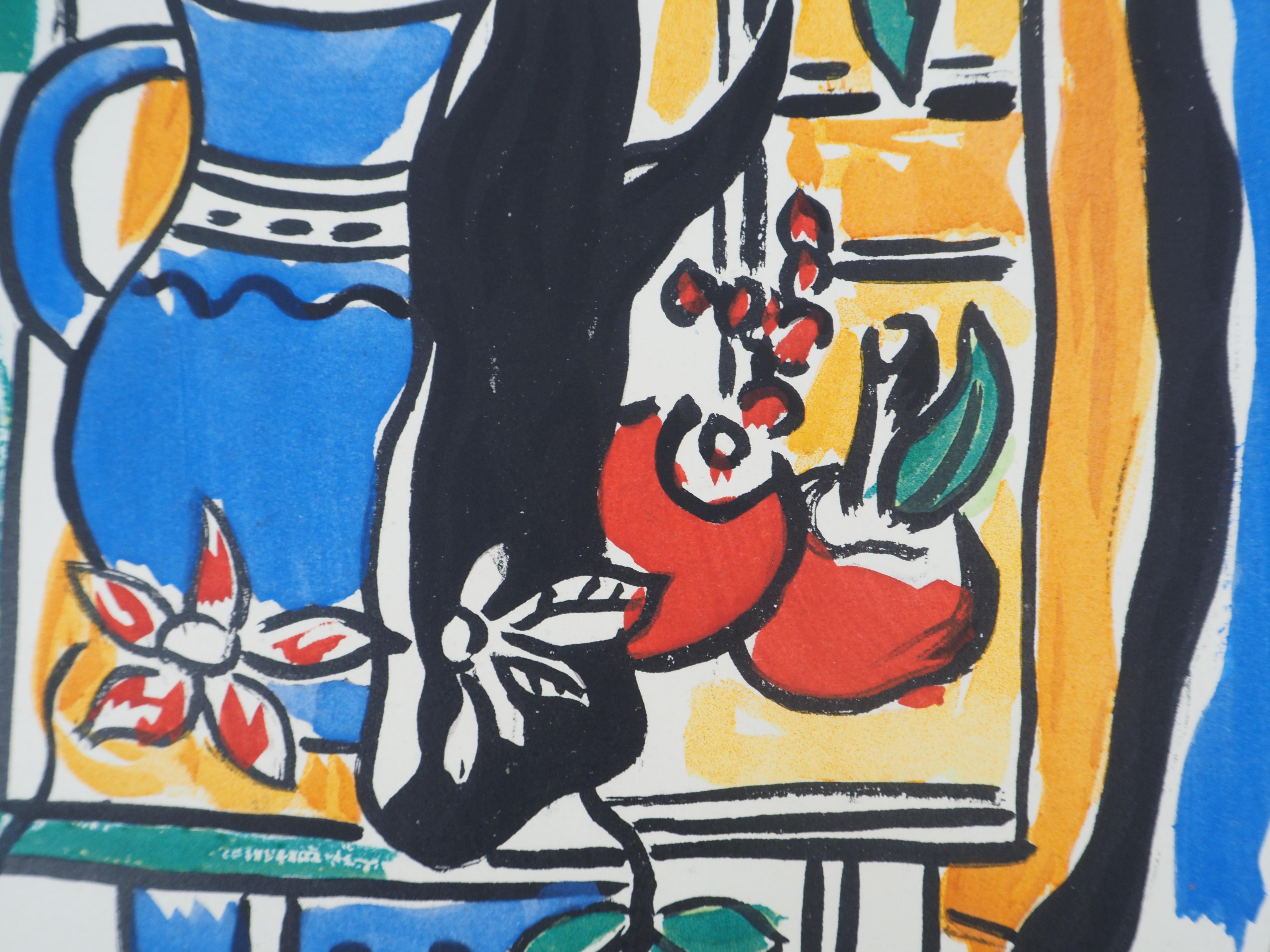 Still life with Blue Pitcher and Fruits - Lithograph and Stencil, 1950 For Sale 2