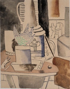 Stillleben mit Journal und Blumen – Lithographie und Bleistift, 1959