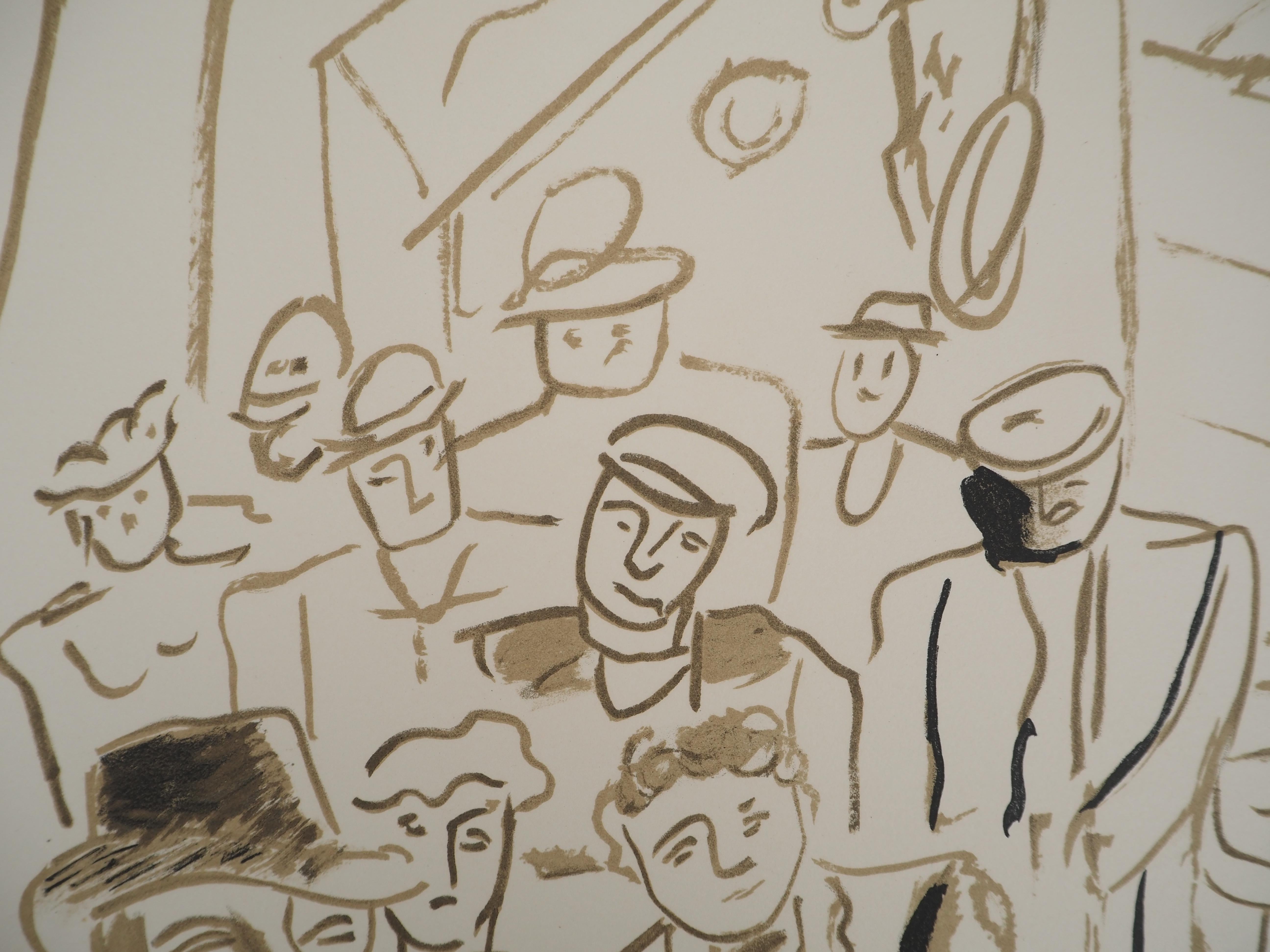 La ciudad, El café parisino - Litografía original, FIRMADA A MANO, 1959 - Landscape Print Gris de Fernand Léger