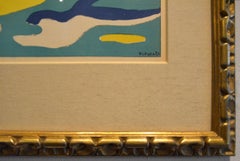 Water, Surrealist abstract in green, yellow and blue, framed lithograph