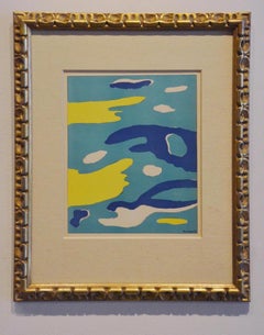Water, Surrealist abstract in green, yellow and blue, framed lithograph