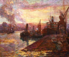 Sunset - Rouen - Post Impressionist Oil, Riverscape by Fernand Leon Lucien Guey