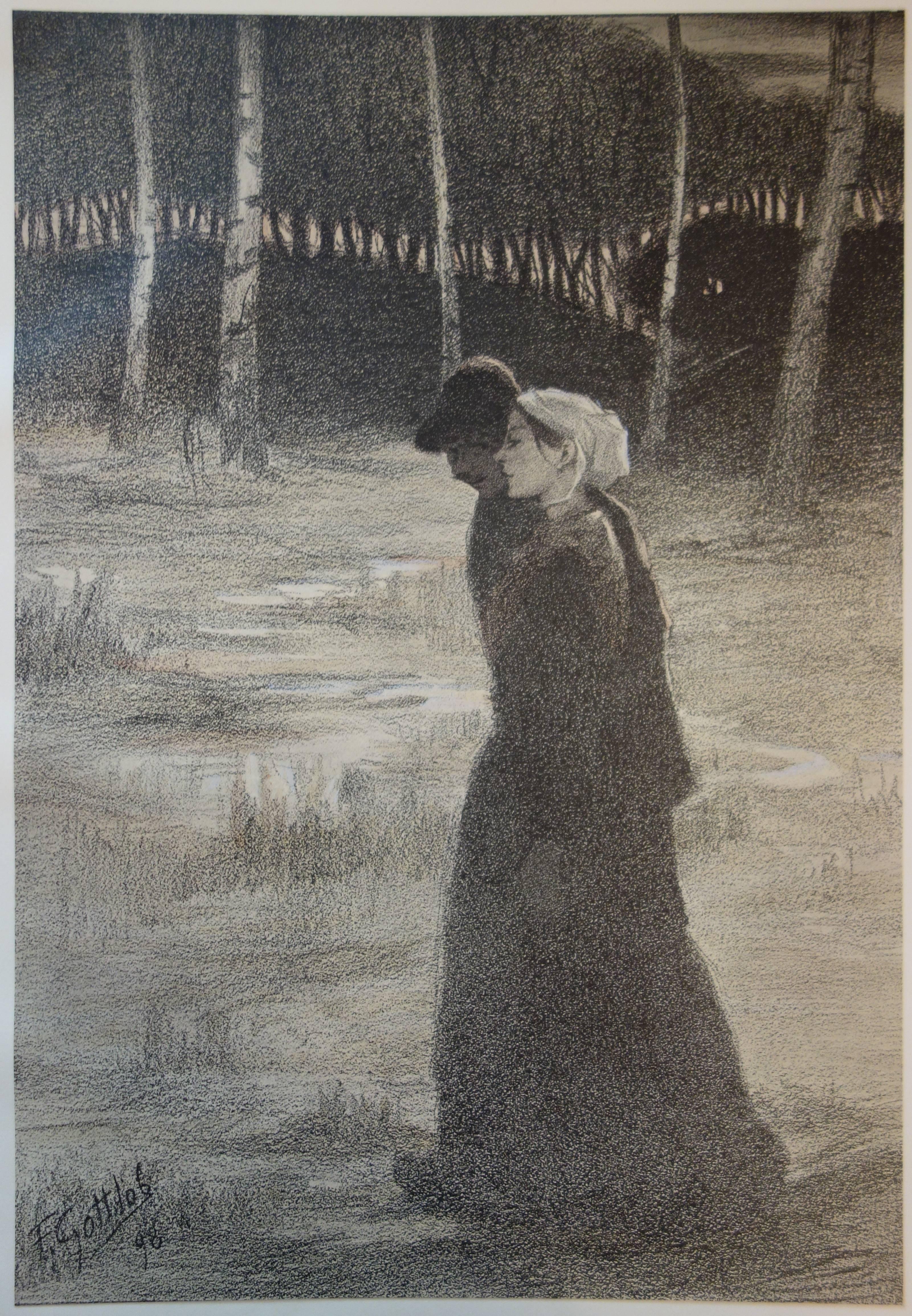 Lovers Walking in the Woods – Originallithographie (1897/98) (Art nouveau), Print, von Fernand Louis Gottlob