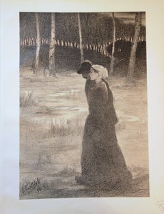 Antique Lovers Walking in the Woods - Original lithograph (1897/98)