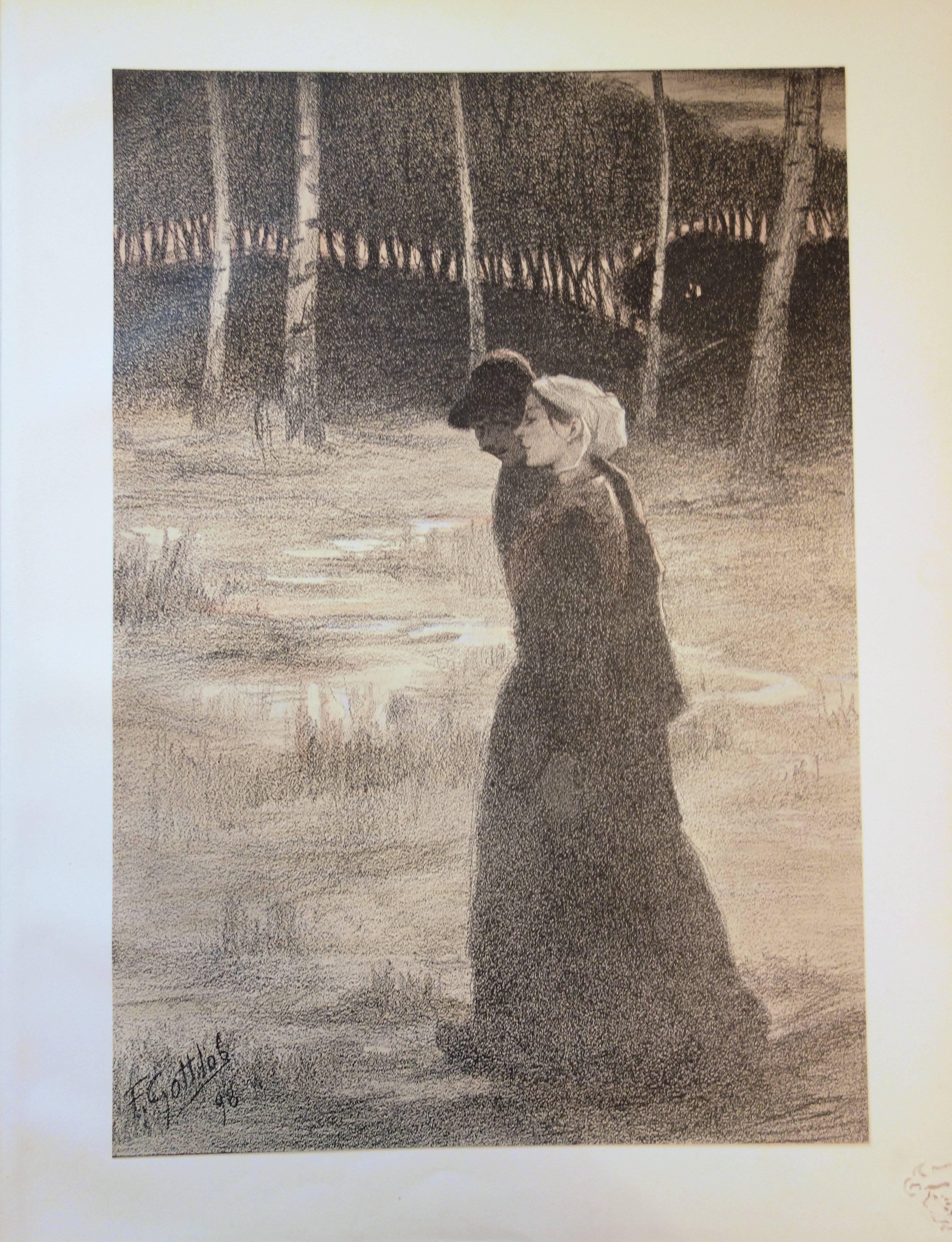 Fernand Louis Gottlob Figurative Print - Lovers Walking in the Woods - Original lithograph (1897/98)