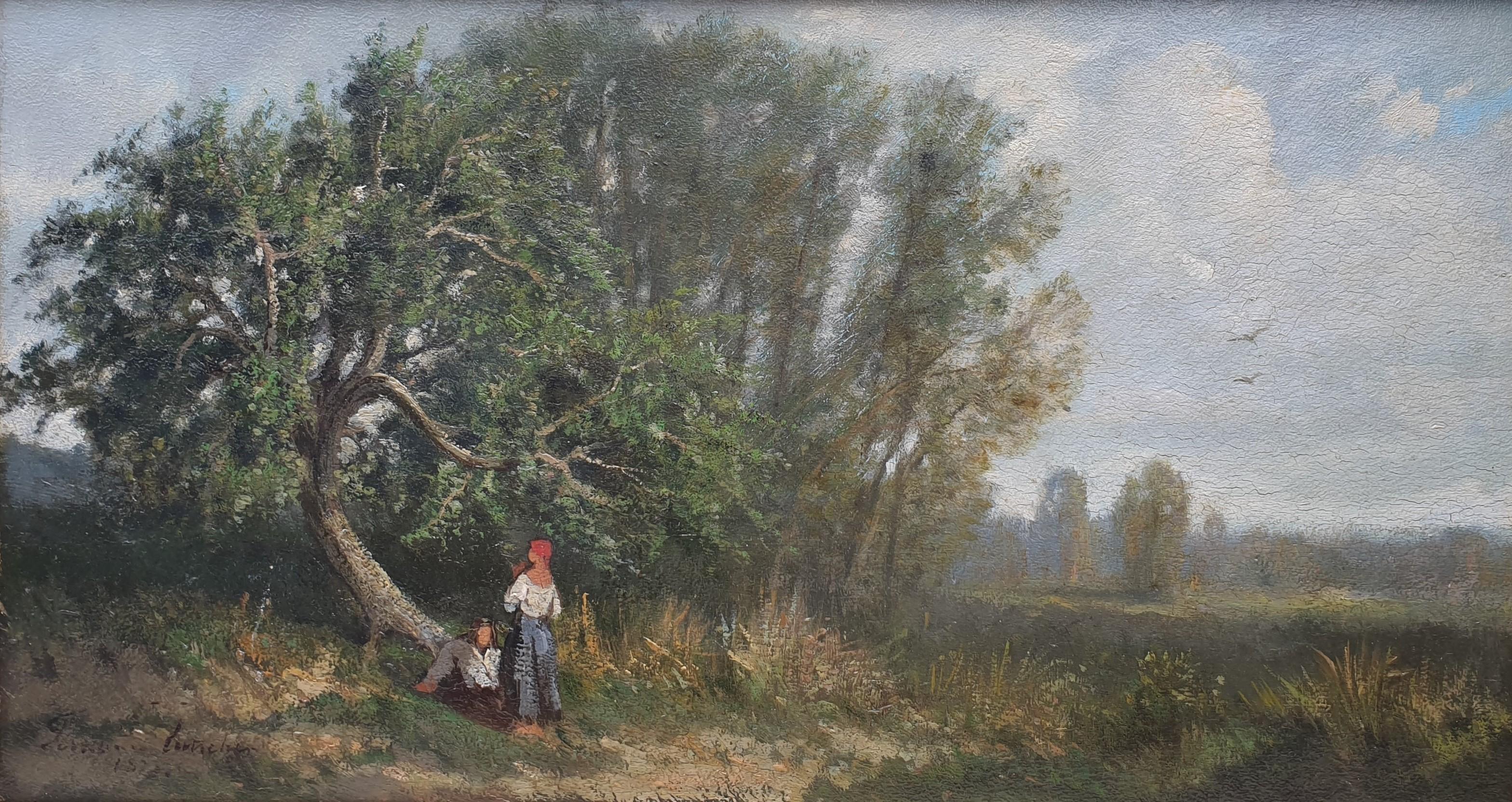 French landscape painting near Angers France 19th barbizon Oil on panel wood - Painting by Fernand LUTSCHER