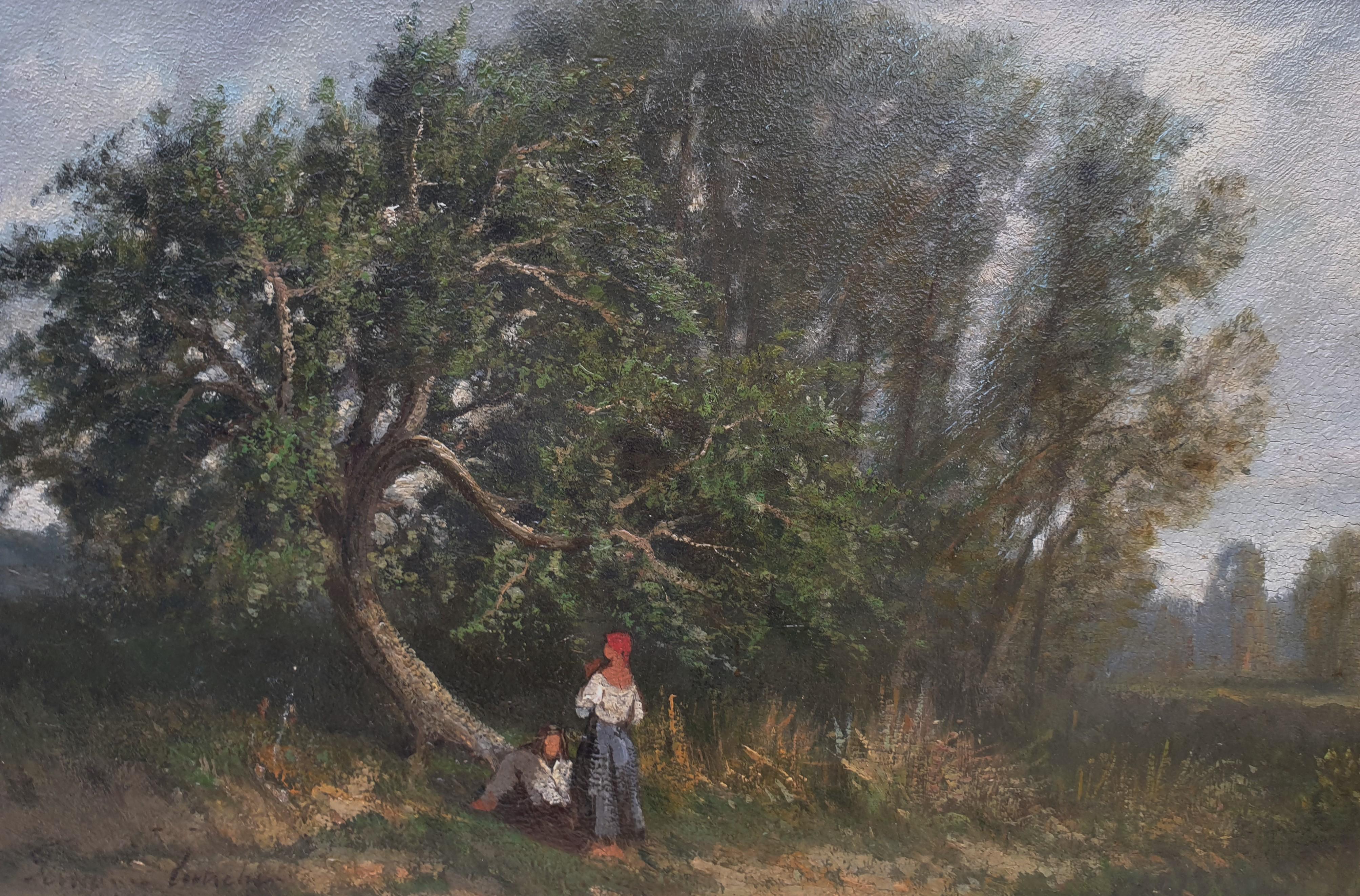 Paesaggio francese vicino ad Angers Francia 19° barbizon Olio su tavola legno - Landscape Painting Grigio di Fernand LUTSCHER
