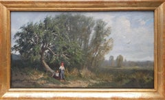 Antique French landscape painting near Angers France 19th barbizon Oil on panel wood