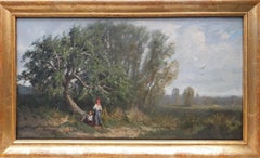 Französisches Landschaftsgemälde in der Nähe von Angers, Frankreich, 19. Jahrhundert, Öl auf Tafelholz