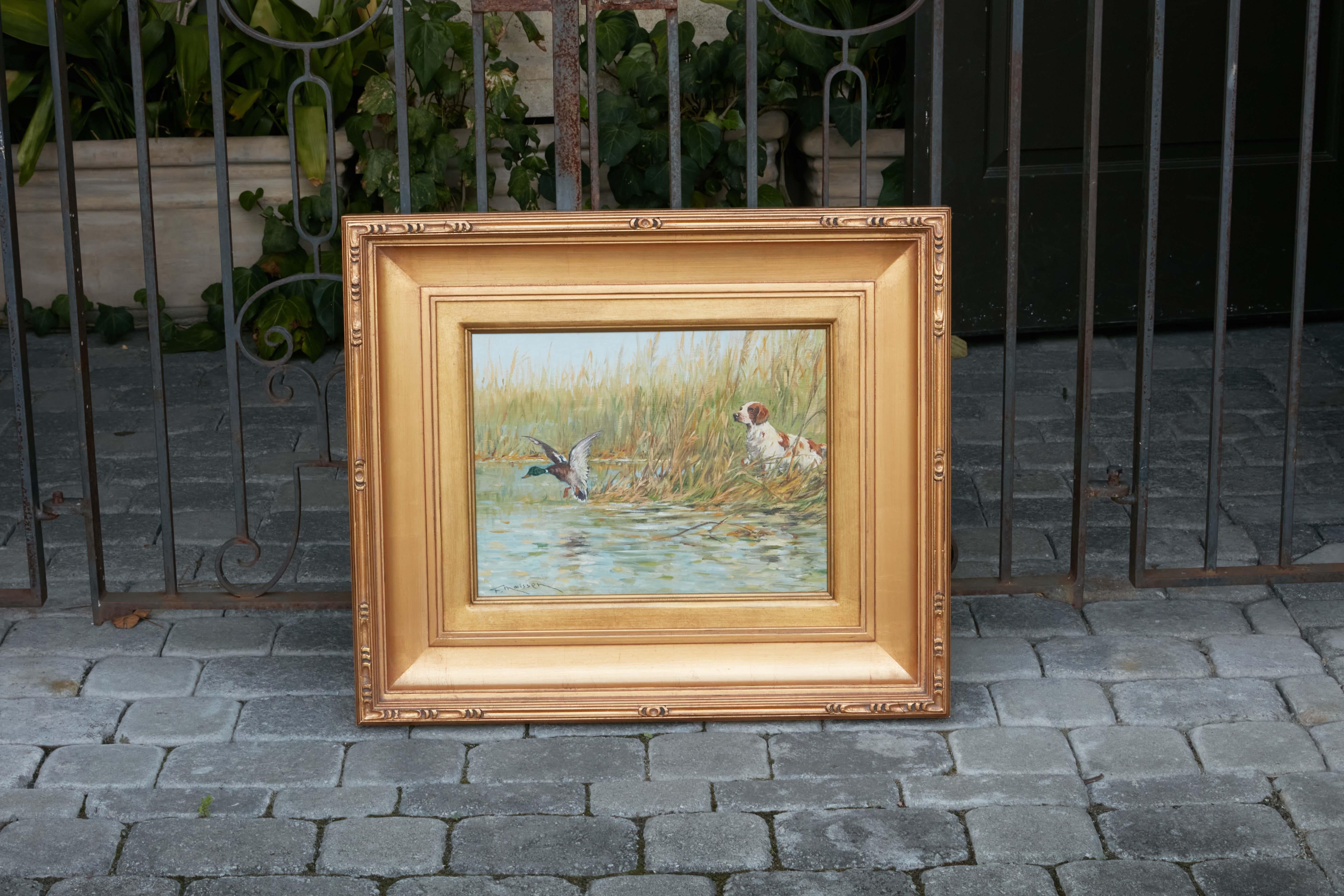 Fernand Maissen Oil on Panel Painting Depicting a Setter Hunting a River Mallard For Sale 7