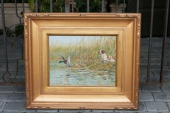 Fernand Maissen Oil on Panel Painting Depicting a Setter Hunting a River Mallard