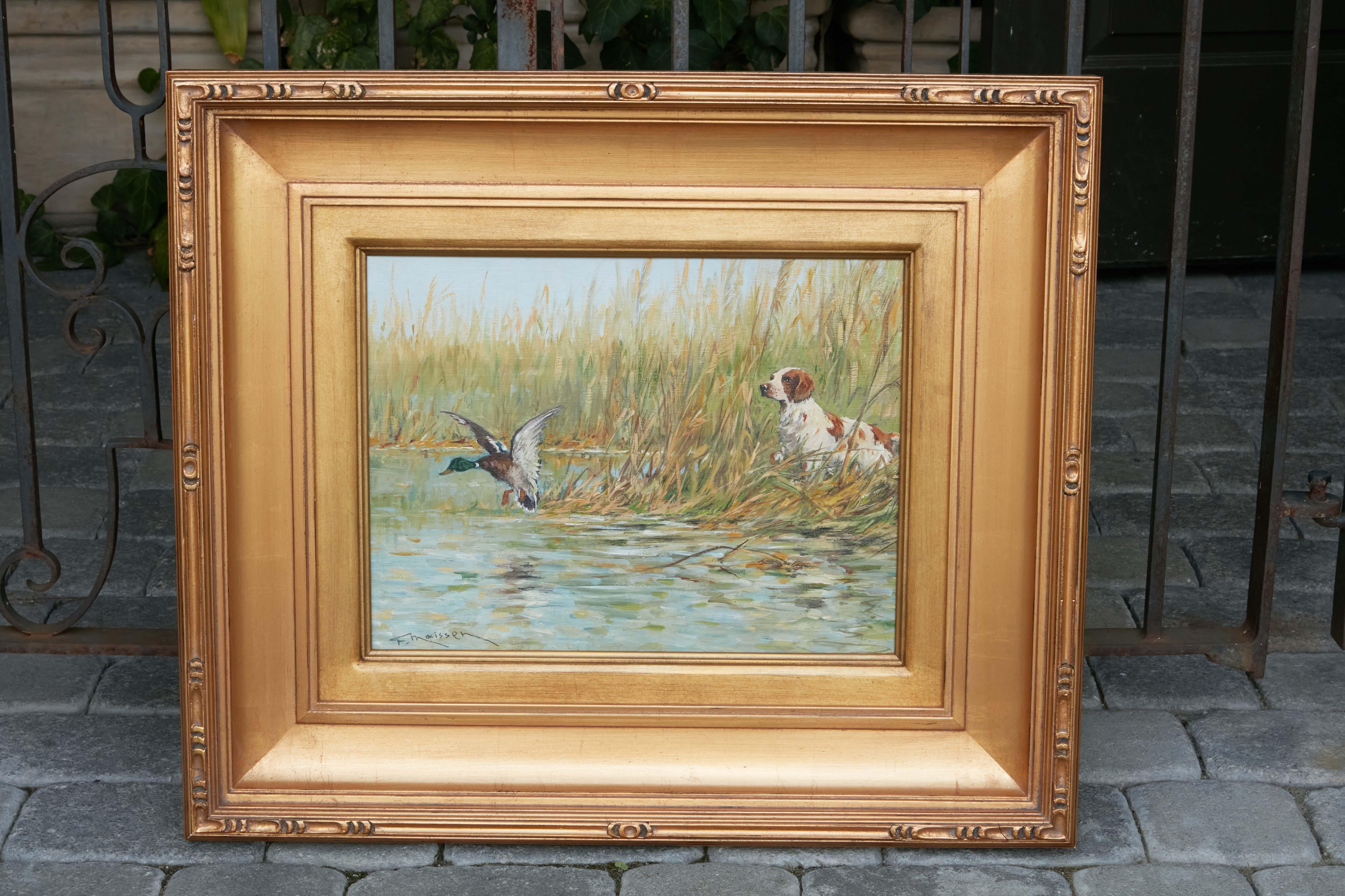 French Fernand Maissen Oil on Panel Painting Depicting a Setter Hunting a River Mallard For Sale