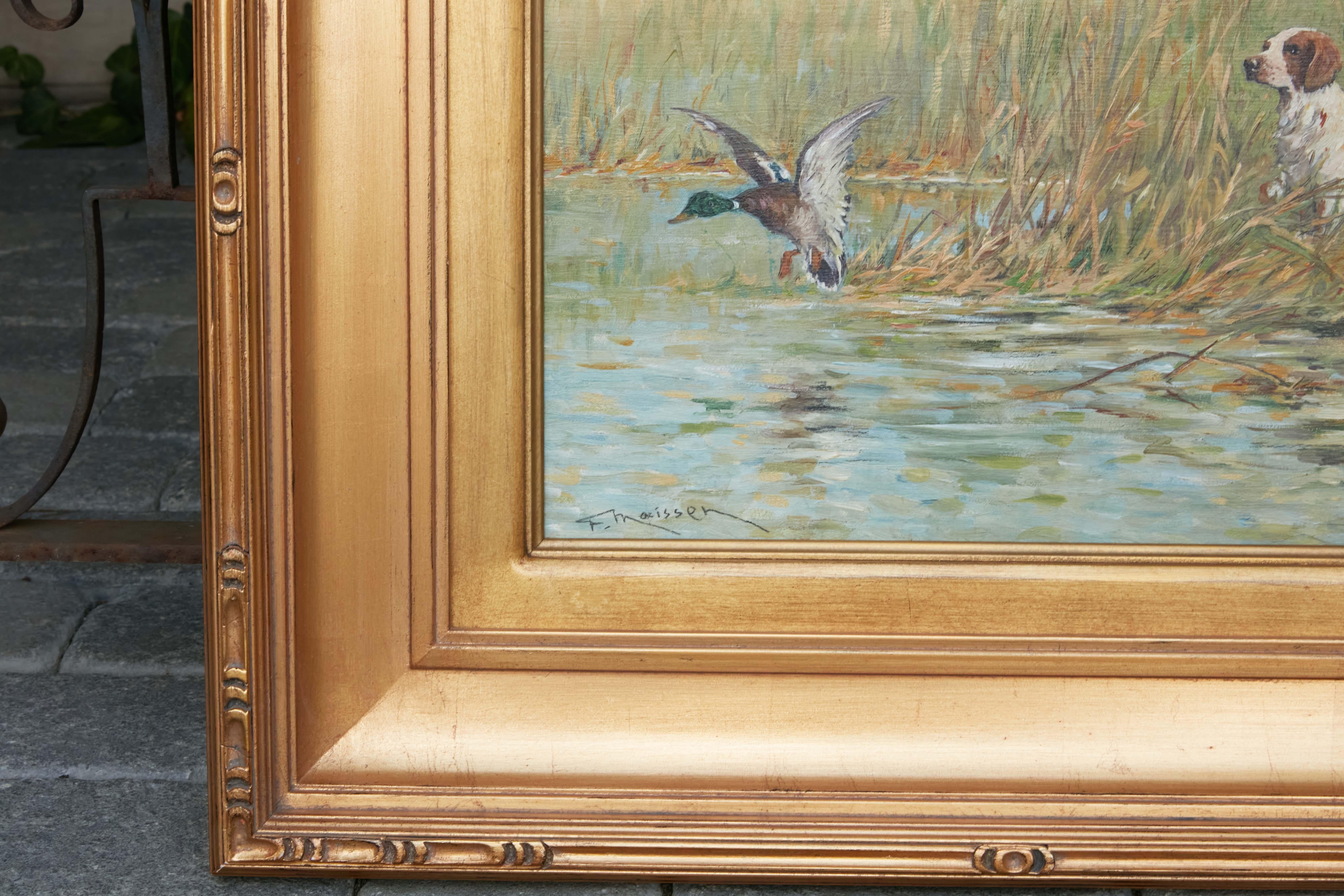 Fernand Maissen Oil on Panel Painting Depicting a Setter Hunting a River Mallard In Good Condition For Sale In Atlanta, GA