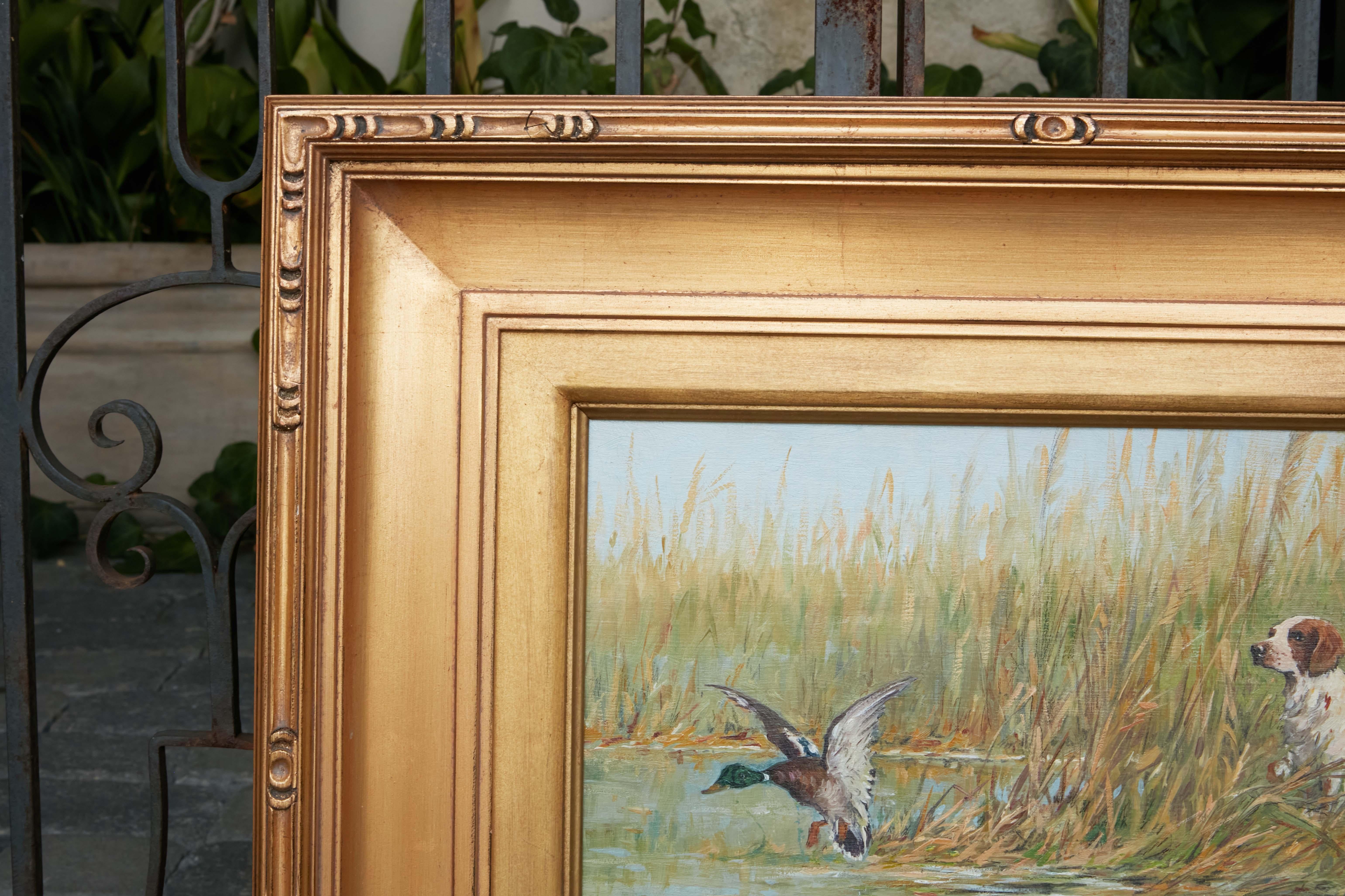 20th Century Fernand Maissen Oil on Panel Painting Depicting a Setter Hunting a River Mallard For Sale