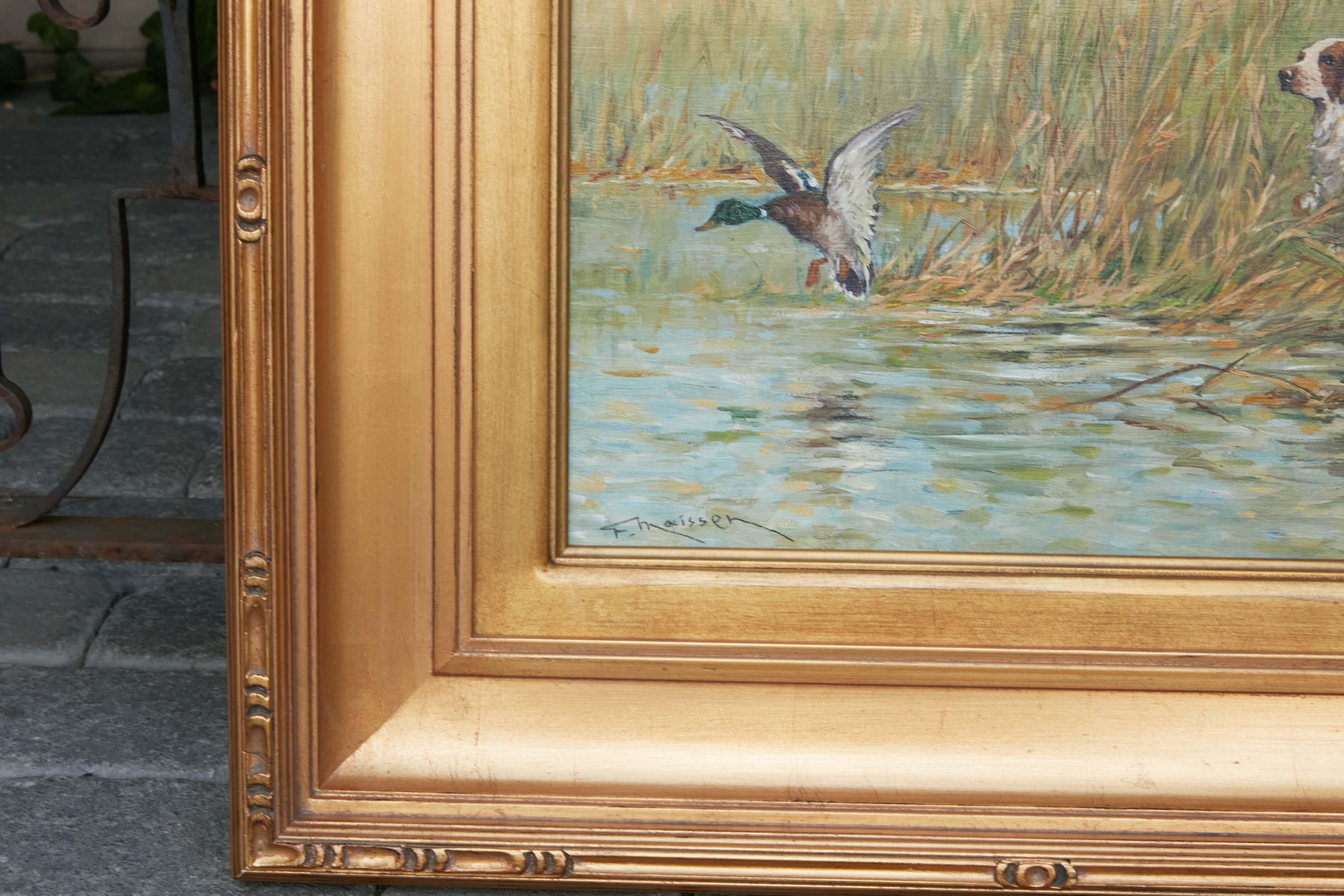 Giltwood Fernand Maissen Oil on Panel Painting Depicting a Setter Hunting a River Mallard For Sale