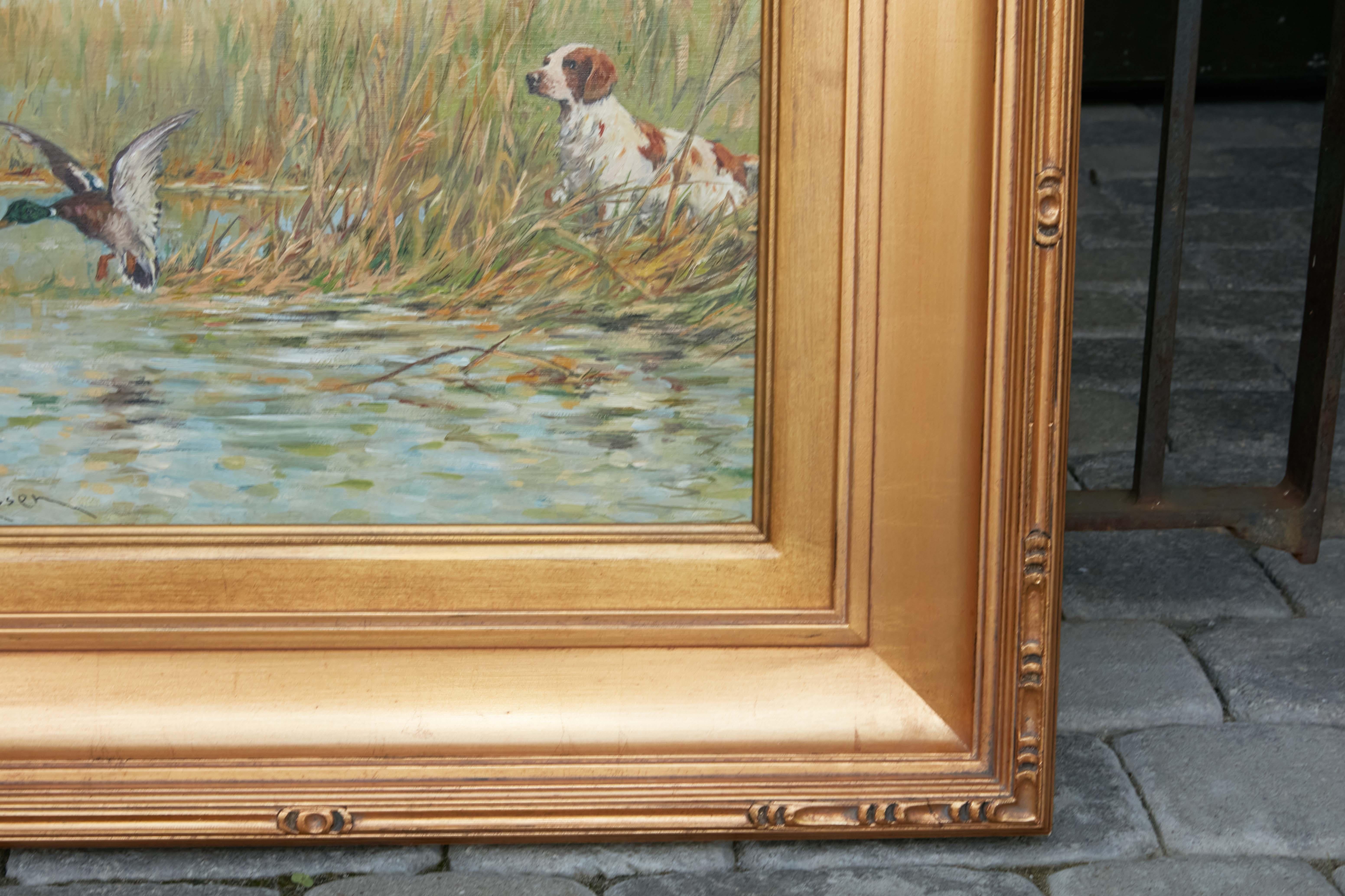 Fernand Maissen Oil on Panel Painting Depicting a Setter Hunting a River Mallard For Sale 1
