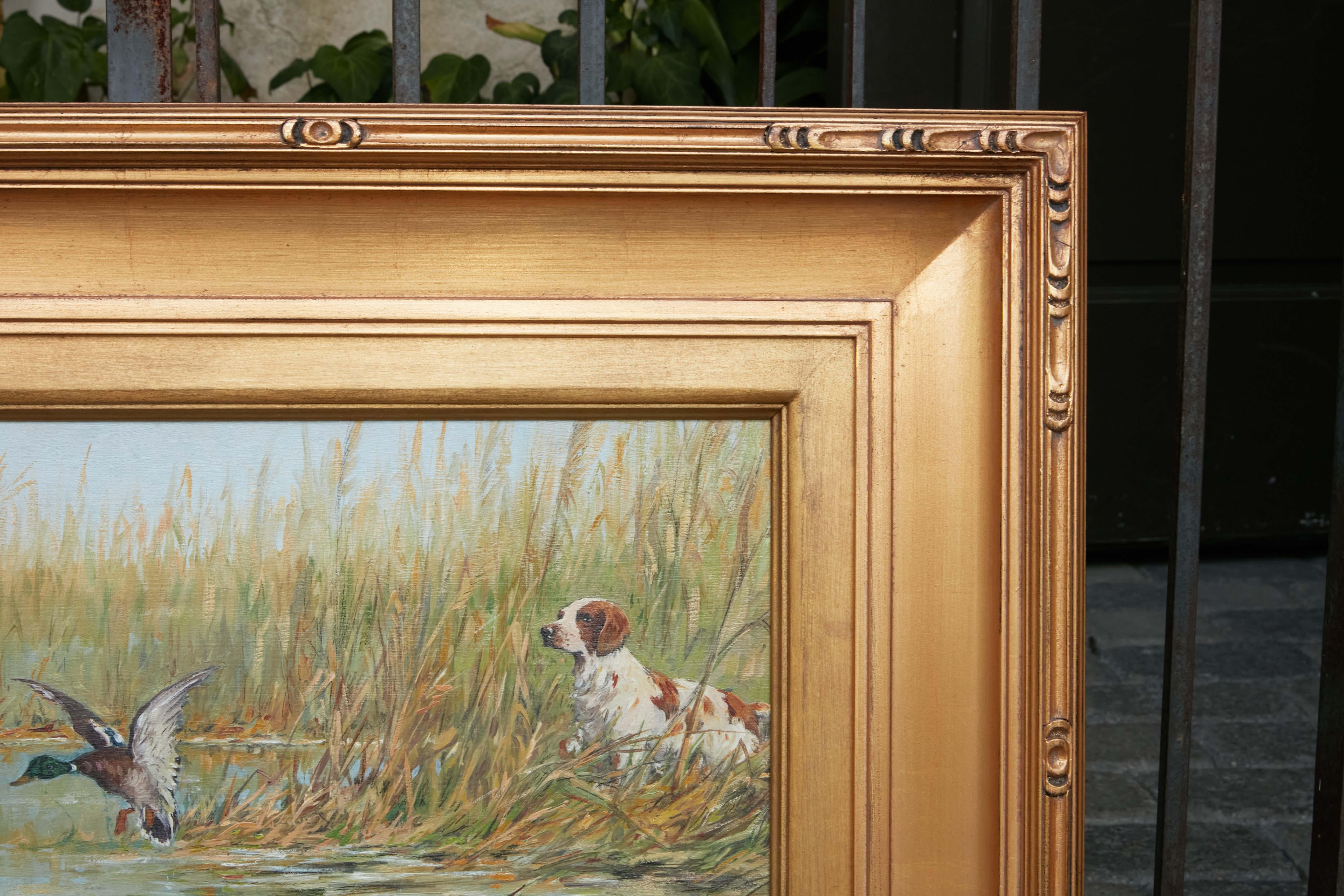 Fernand Maissen Oil on Panel Painting Depicting a Setter Hunting a River Mallard For Sale 2